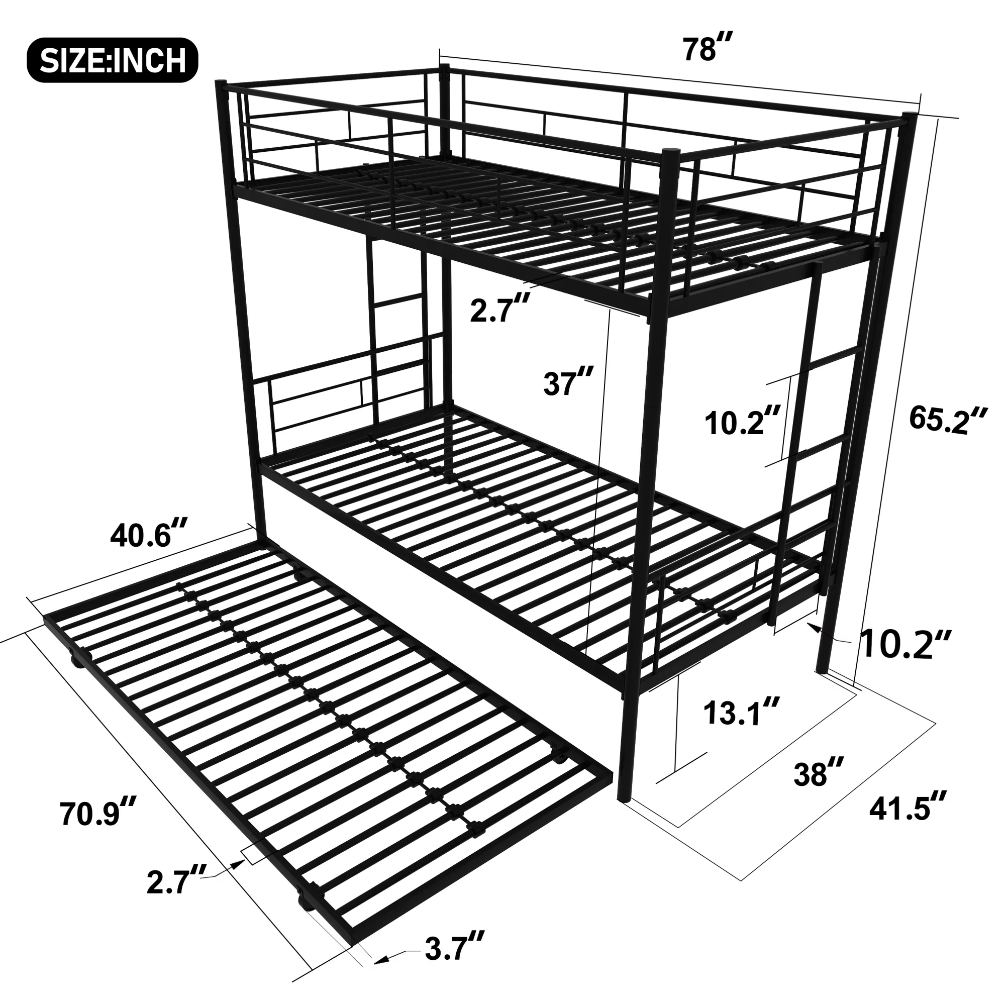 Heavy Duty Metal Bunk Bed Frame with Trundle - Twin Over Twin, Convertible - 3 beds