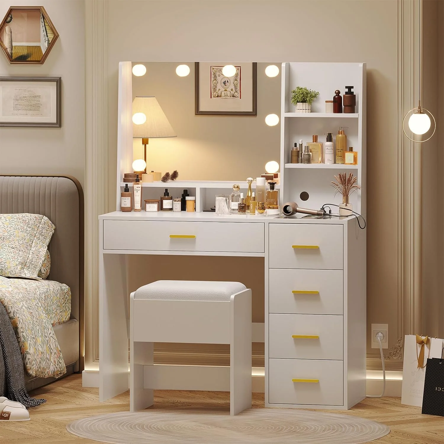 White Vanity Desk with Mirror and Lights,Bedroom Makeup Table Set with Lights & Charging Station,Makeup Desk with Drawers and Storage Shelves and Cushioned Stool
