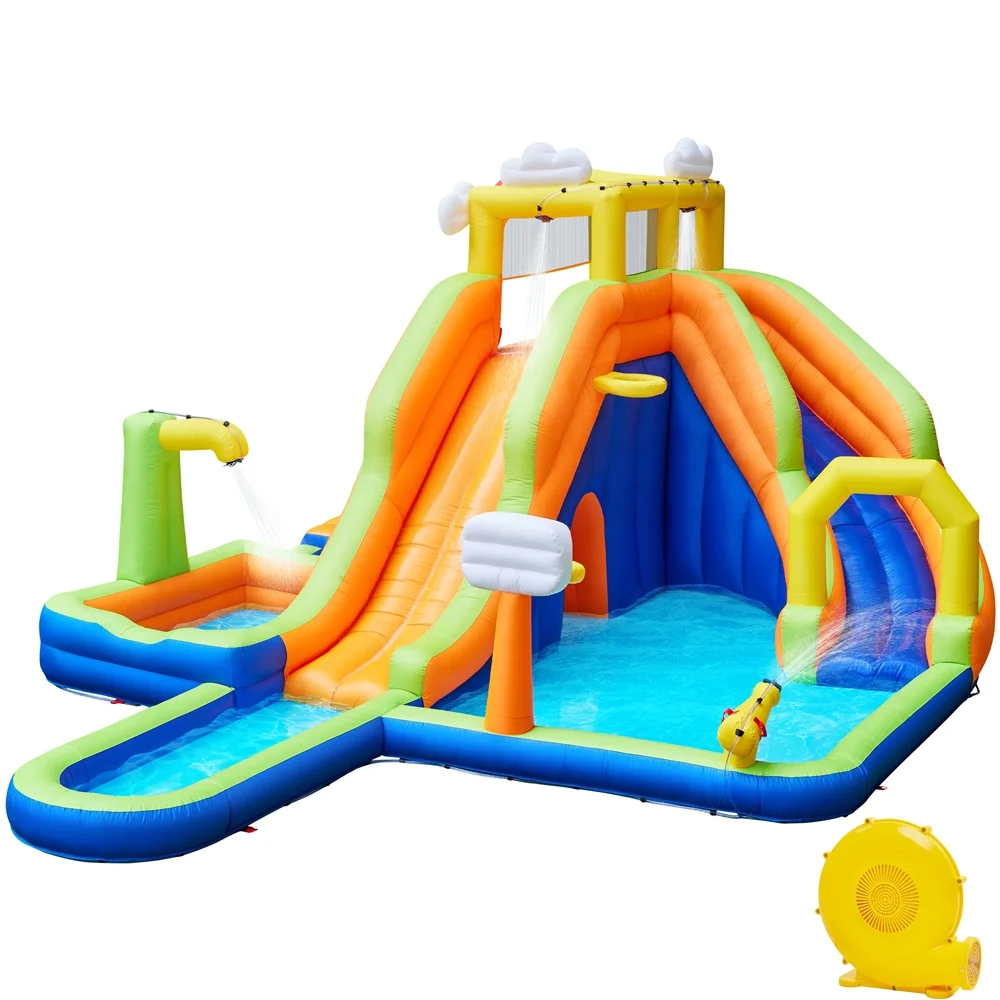 Alden Design Double Lane Inflatable Water Slide for Kids Aged 3 To 10 W/ Storage Bag & 650W Blower, Blue/Orange