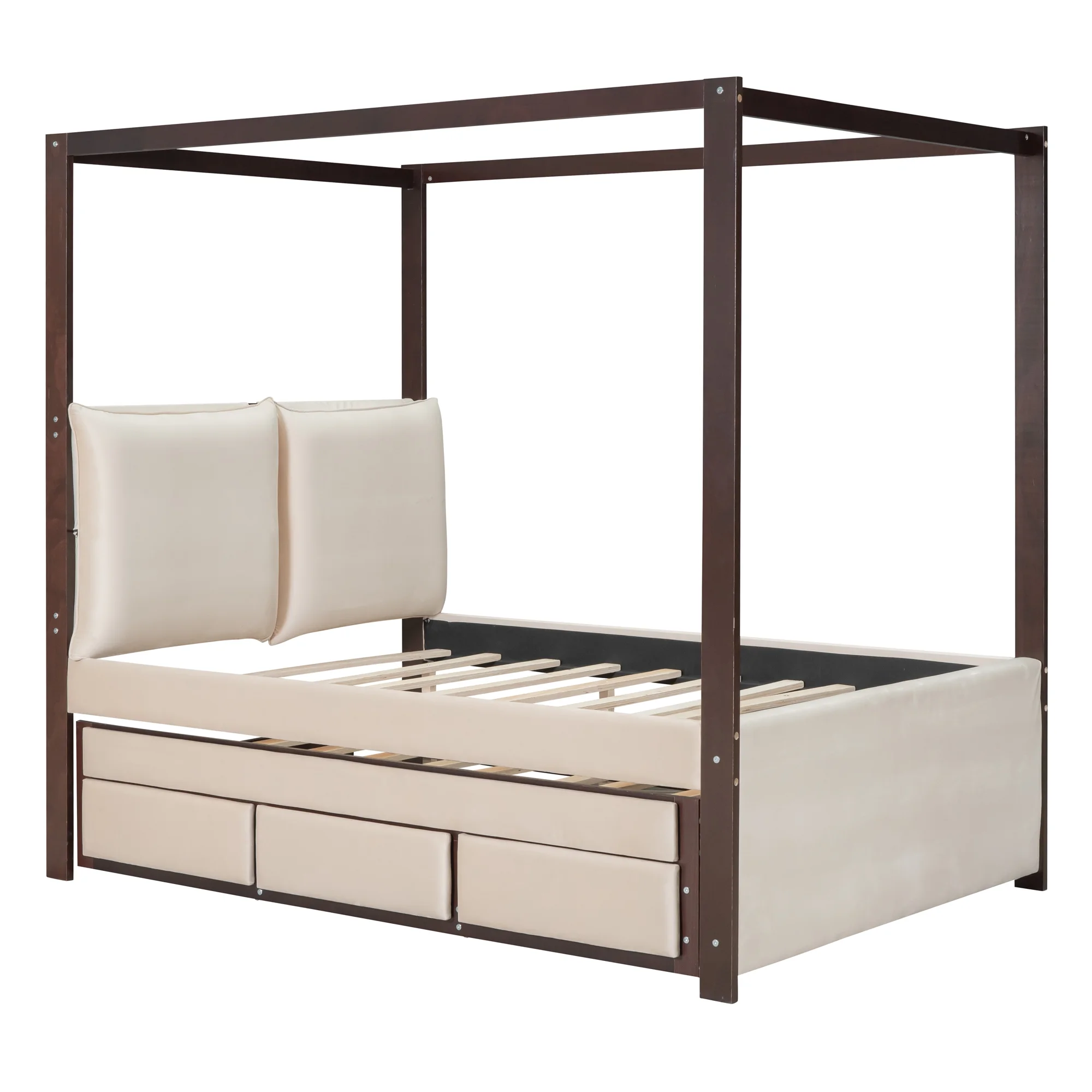 Churanty Full Size Upholstered Canopy Bed with Trundle and 3 Drawers, Beige