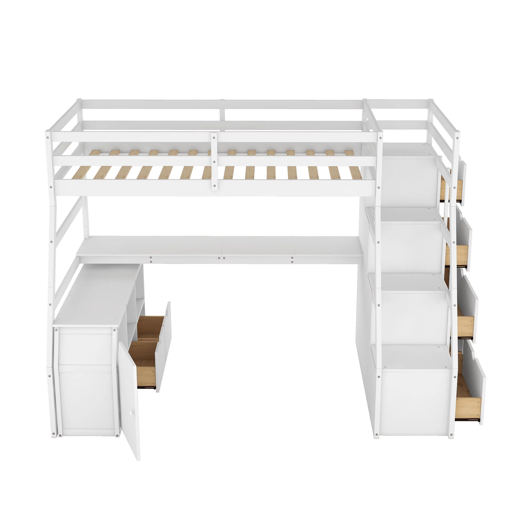 Twin Size Loft Bed Frame with 7 Drawers 2 Shelves and Desk, Health and Comfort Storage Shelves and Writing Desk, Wooden Loft Beds with Stairway, High Loft Bed for Kids Boys (White,Twin)