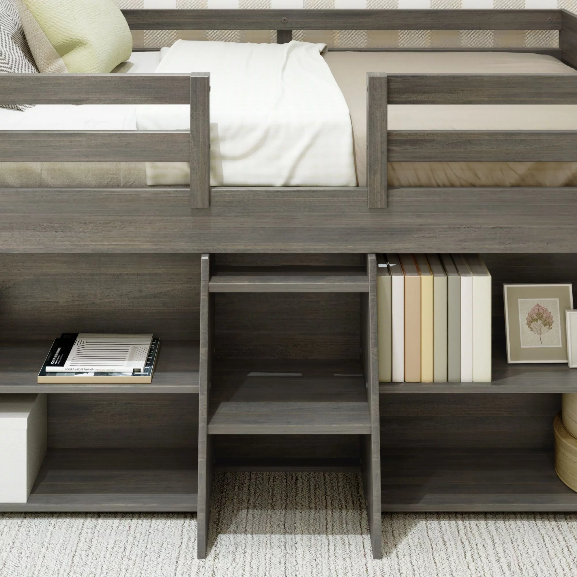 Max & Lily Modern Farmhouse Low Loft Bed, Solid Wood Twin Bed Frame for Kids with 2 Bookcases, Driftwood