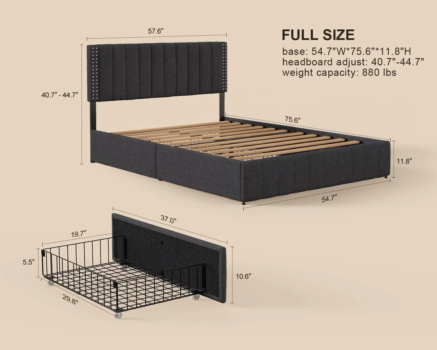 Lofka Full Bed Frame with 4 Drawers(Wheeled) and Adjustable Headboard Platform Bed Dark Grey
