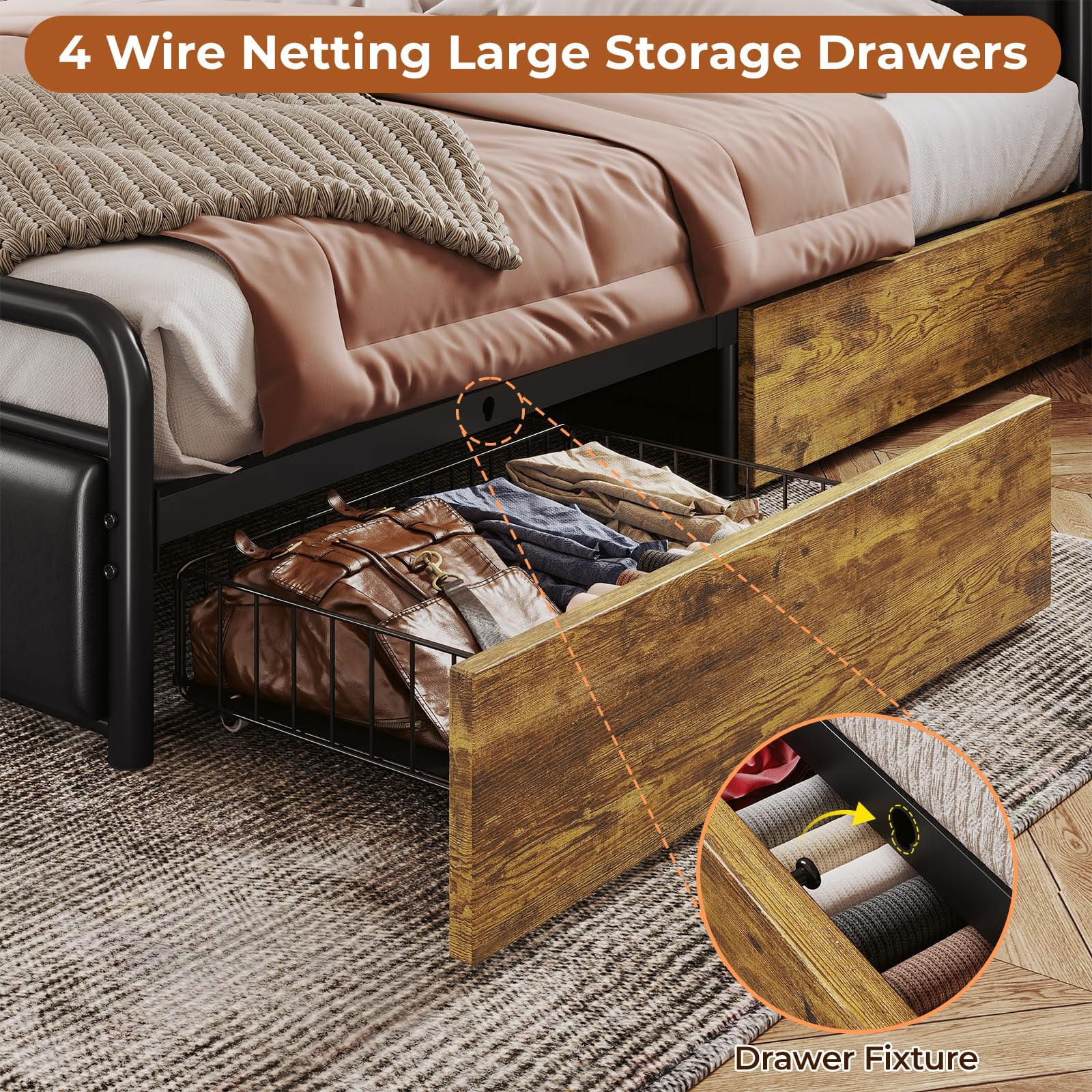 Queen Size Bed Frame with Storage Headboard & Hidden Storage Metal Platform LED Bed Frame with 4 Drawers & Charging Station,Upholstered Headboard,Noise-Free,Black