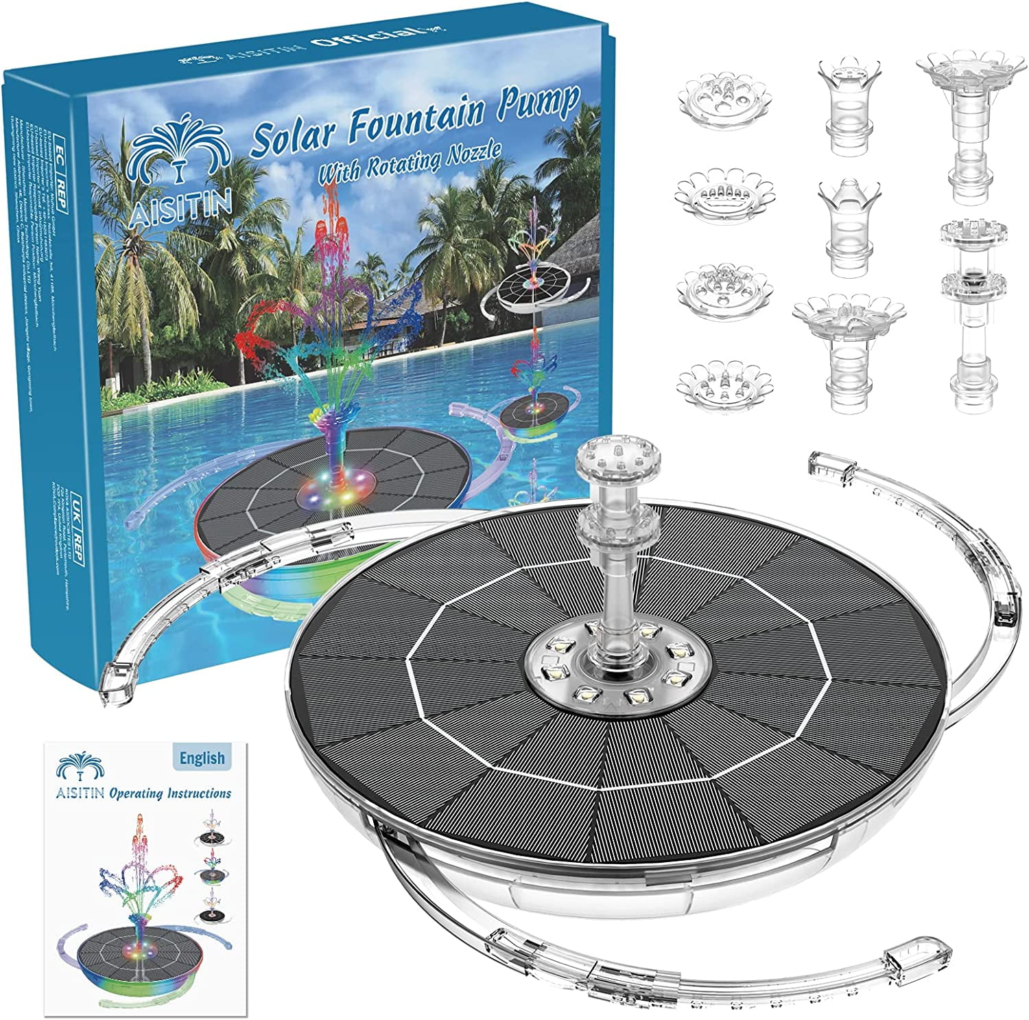 AISITIN 6.5W LED Solar Fountain with Retractable Stand,Colourful Solar Water Fountain with 3000mAh Battery and Double-Sided LED Light Solar Fountain Pump for Bird Bath,Garden,Pond,DIY Water Feature