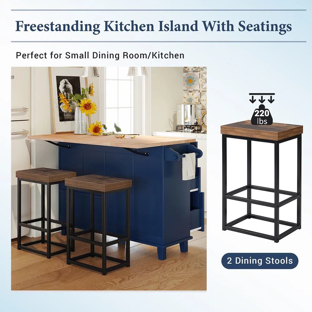 3 Piece Counter Height Kitchen Island Set with Storage Cabinet, Drawers and Towel Rack, Dining Table Set with Drop Leaf and 2 Seatings, Compact Kitchen Table (Blue+Black+Brown)