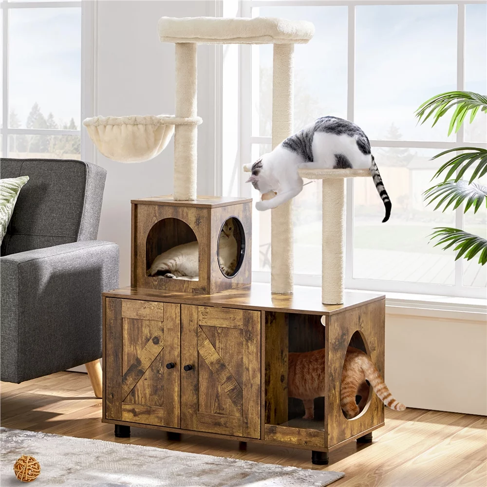 Easyfashion Wooden Litter Box Enclosure with Cat Tree Tower,Rustic Brown/Beige