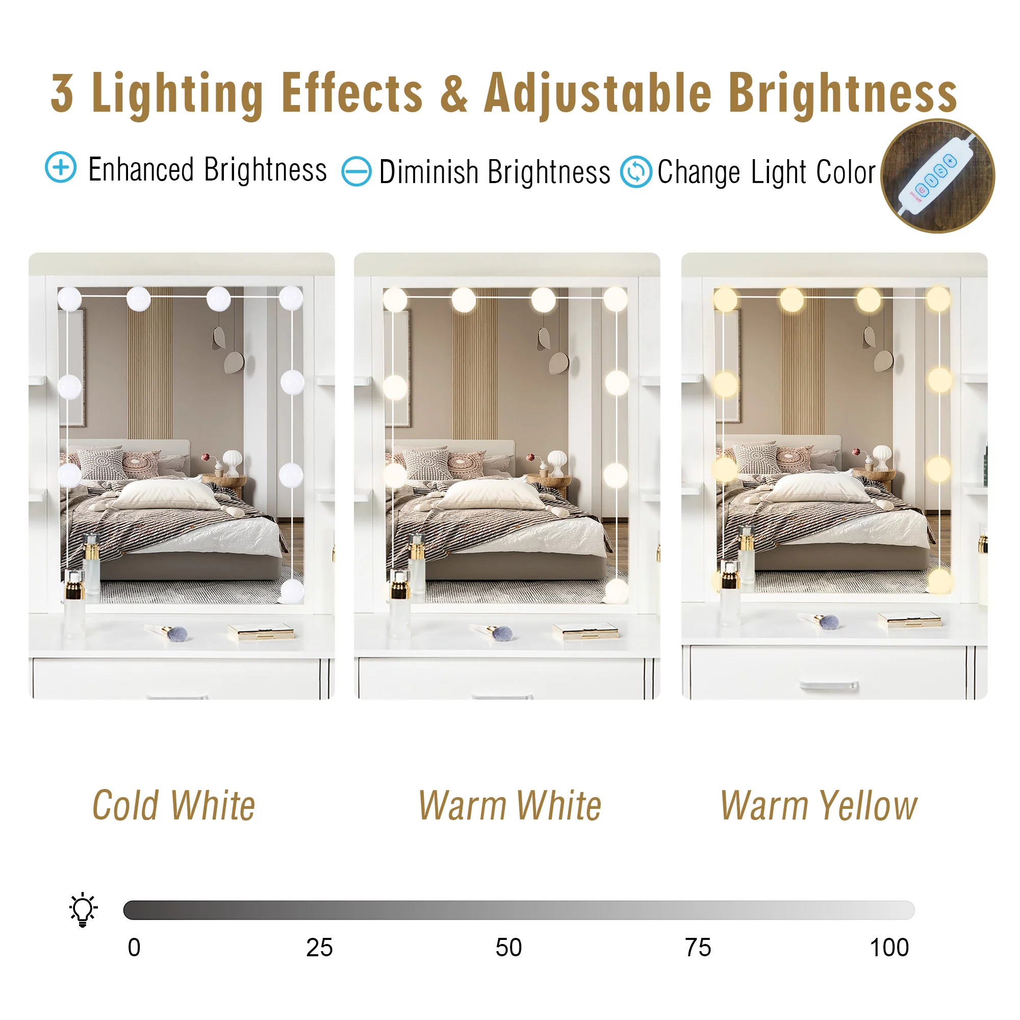 Jarbalai Vanity Set with LED Lights, Makeup Table with Stool, 6 Storage Shelves 5 Drawers, Dressing Table Dresser Desk for Women, Girls, Bedroom, White