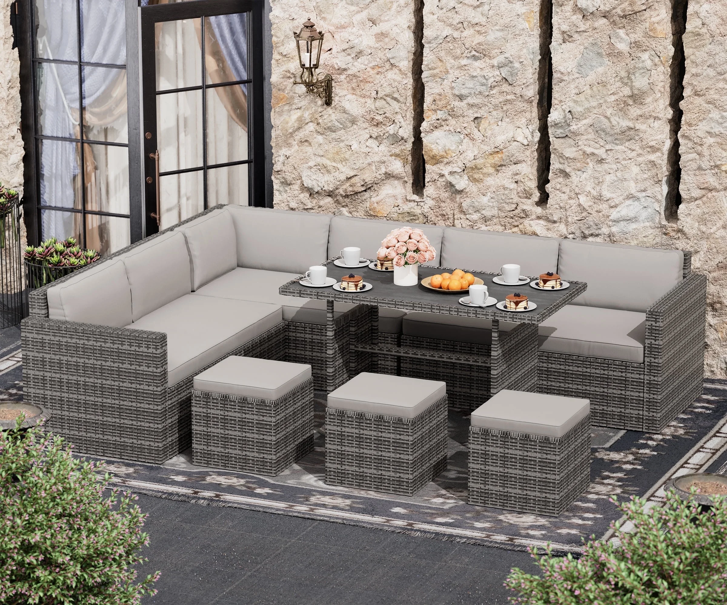 LHBcraft 7 Piece Patio Furniture Set, Outdoor Furniture Patio Sectional Sofa, All Weather PE Rattan Outdoor Sectional（Grey）