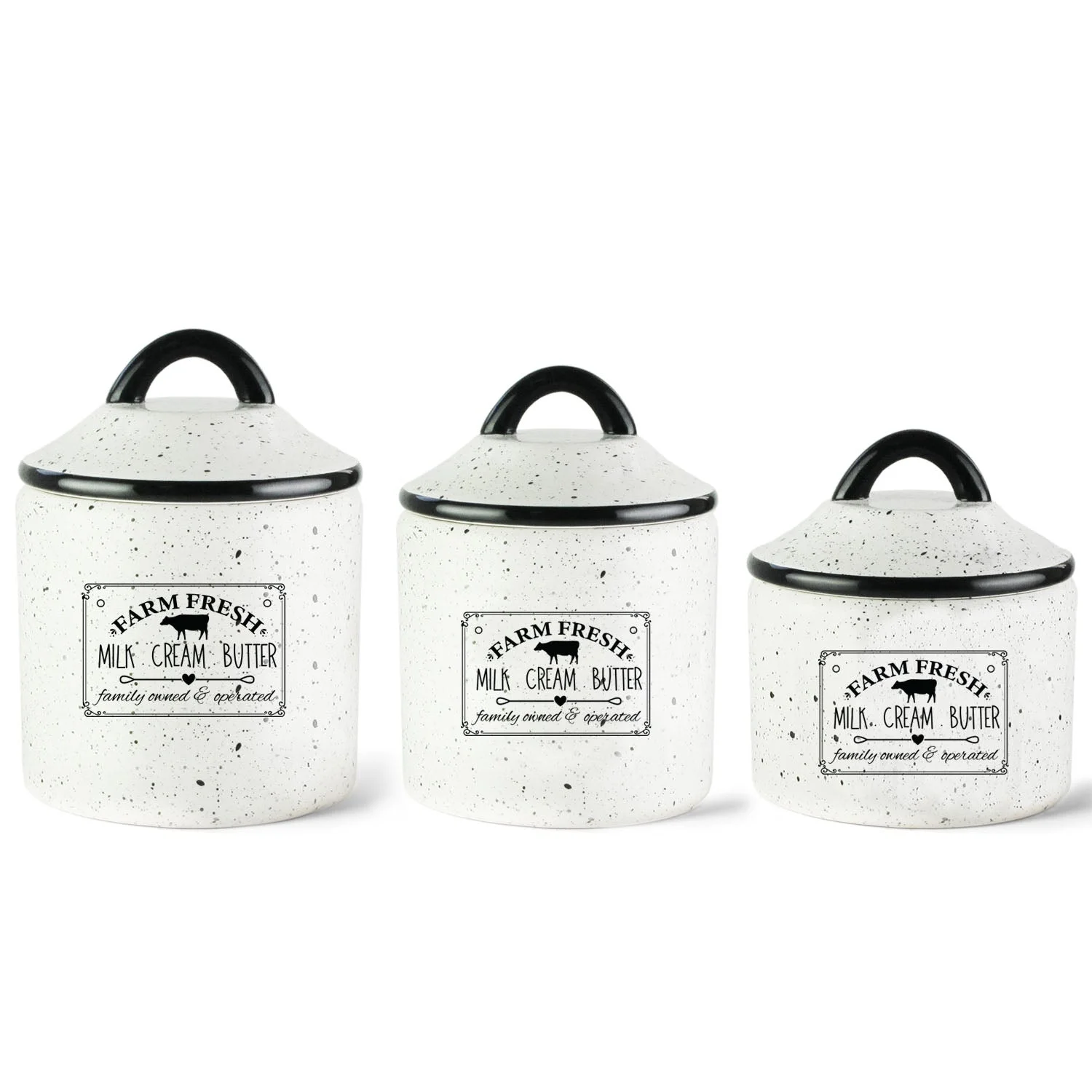 American Atelier, Round, White Ceramic Kitchen Canisters with Lids (Farm Fresh), Set of 3