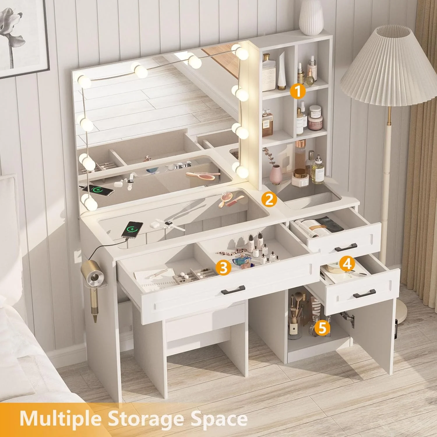 ONKER White Vanity Desk with Mirror and Lights,Glass Top Vanity Table with 3 Drawers and Cabinets,Large HD Mirror Makeup Desk,3 Lighting Modes, Brightness Adjustable,45 in(L)