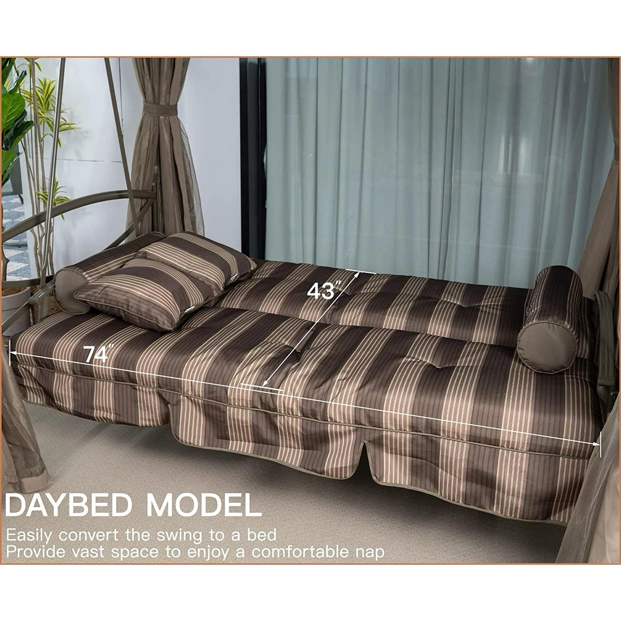 PURPLE LEAF 3 Person Outdoor Patio Porch Tent Swing with Netting & Curtains Swing with Canopy for Adults