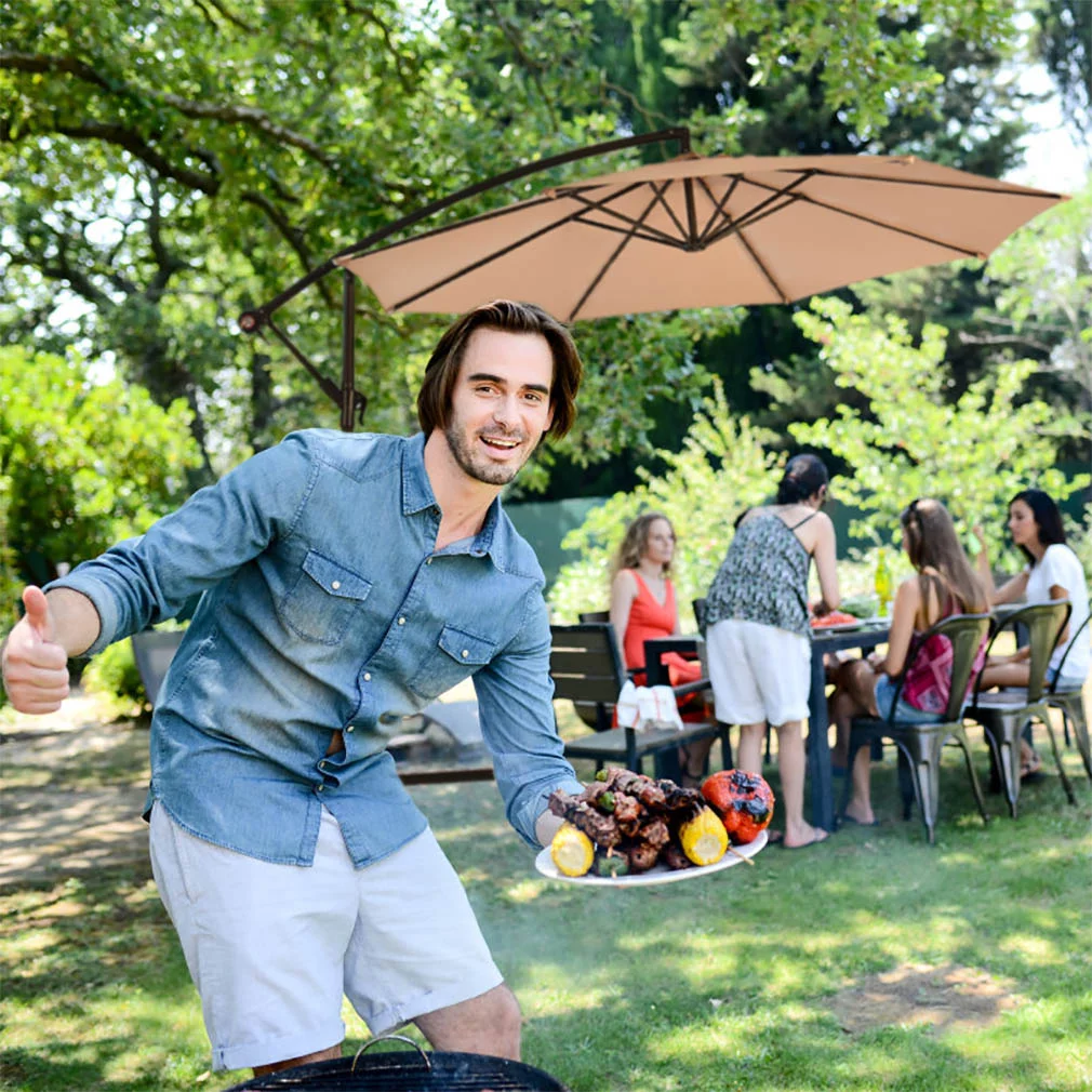 New Tan Patio Umbrella Offset 10' Hanging Umbrella Outdoor Market Umbrella D10