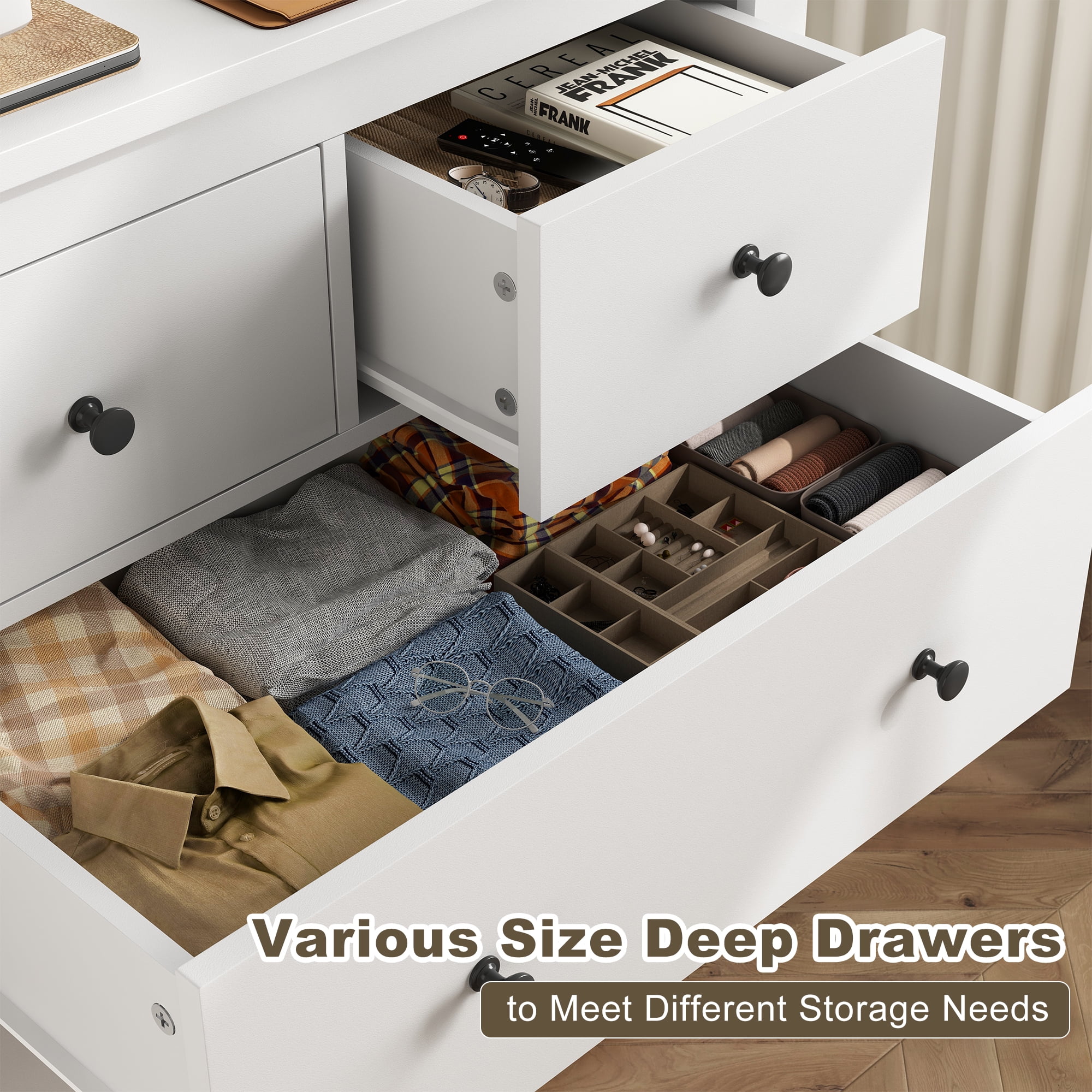 EnHomee White Dresser for Bedroom Wood Dresser with  10 Deep Drawers Modern Wood Dressers & Chests of Drawers Wide Dresser with Smooth Metal Rail, Wooden Dressers for Bedroom , White