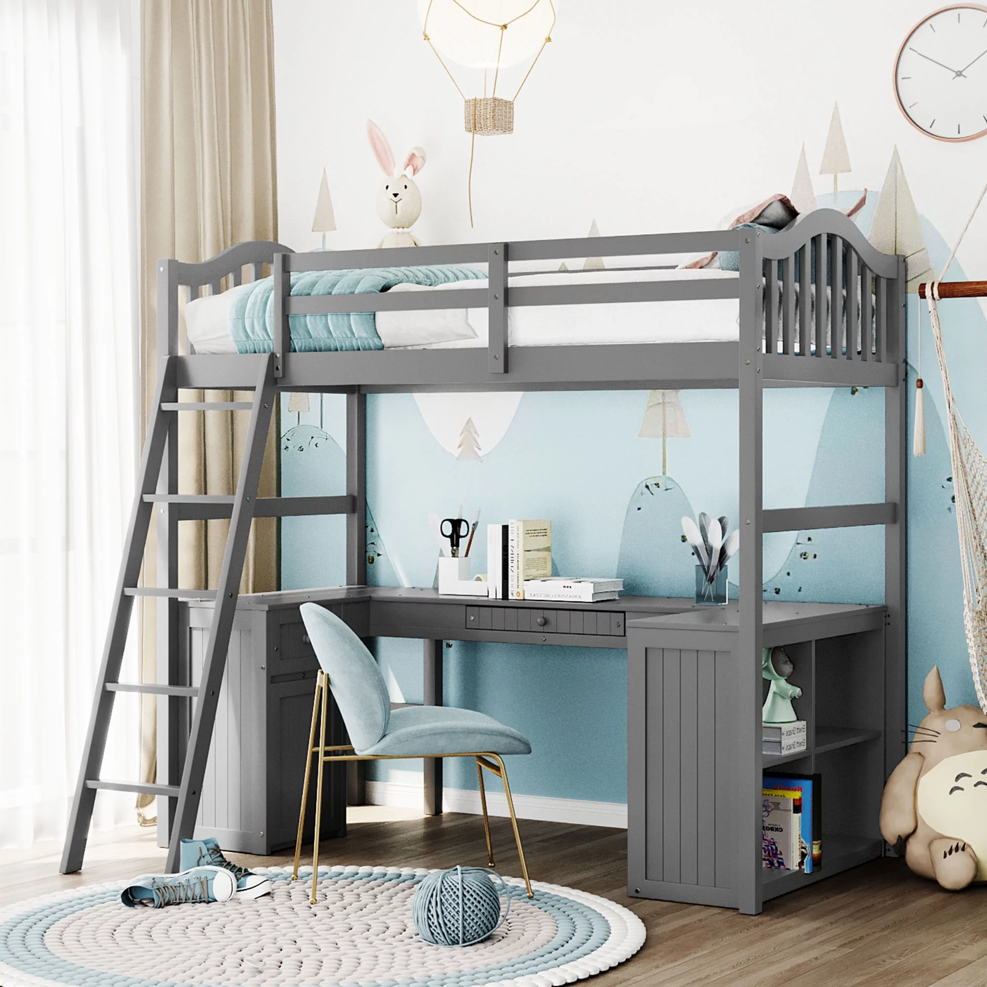 CoSoTower Twin size Loft Bed with Drawers, Cabinet, Shelves and Desk, Wooden Loft Bed with Desk - Gray