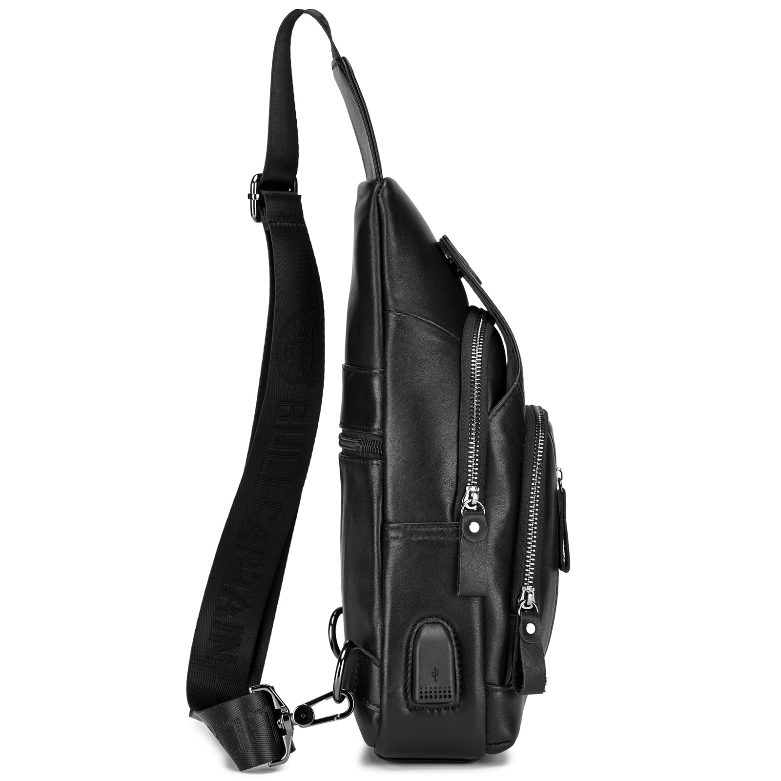 BULLCAPTAIN Men Leather Sling Bag Casual Shoulder Chest Crossbody Bag Hiking Travel Daypack with USB Charging Port