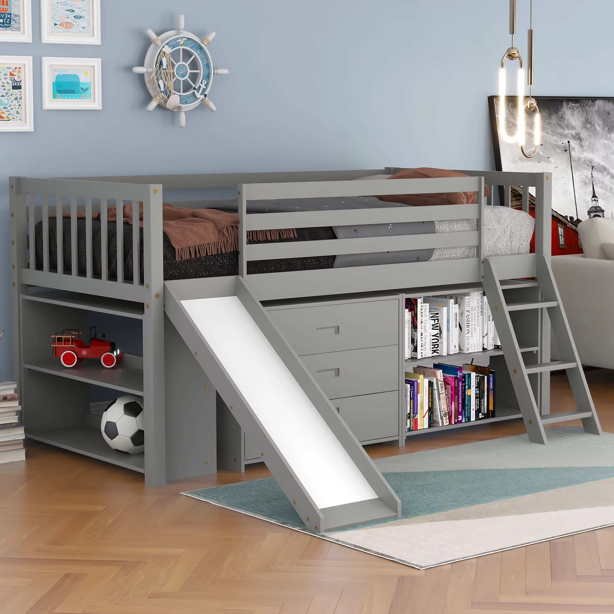 Euroco Wood Twin Size Low Loft Bed with Bookcase, Drawers, Ladder and Slide, Gray