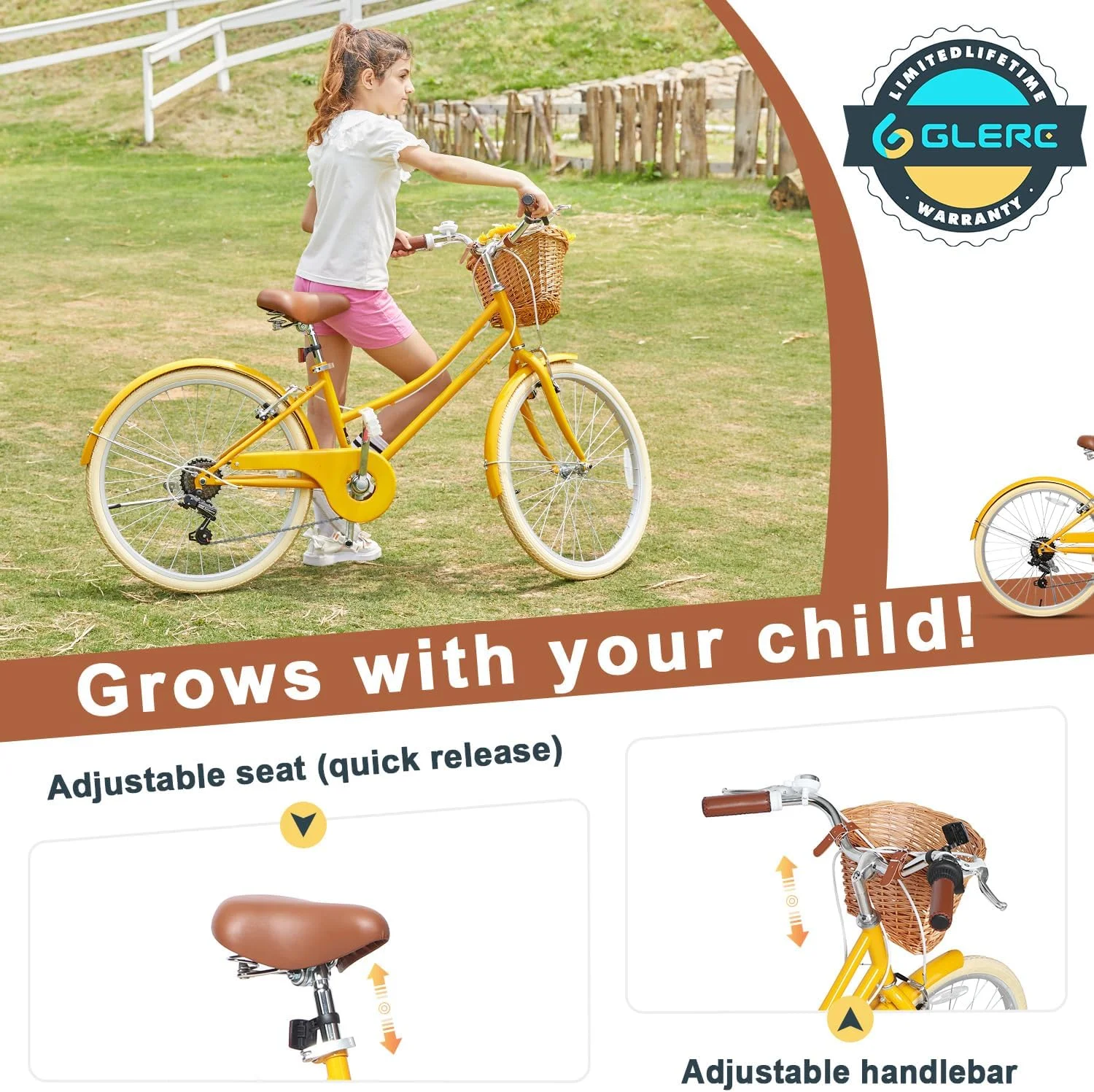 Glerc 24 inch Girls Cruiser Bike 6-Speed Women's Hybird Bicycle for Ages 7-11 Years,Yellow