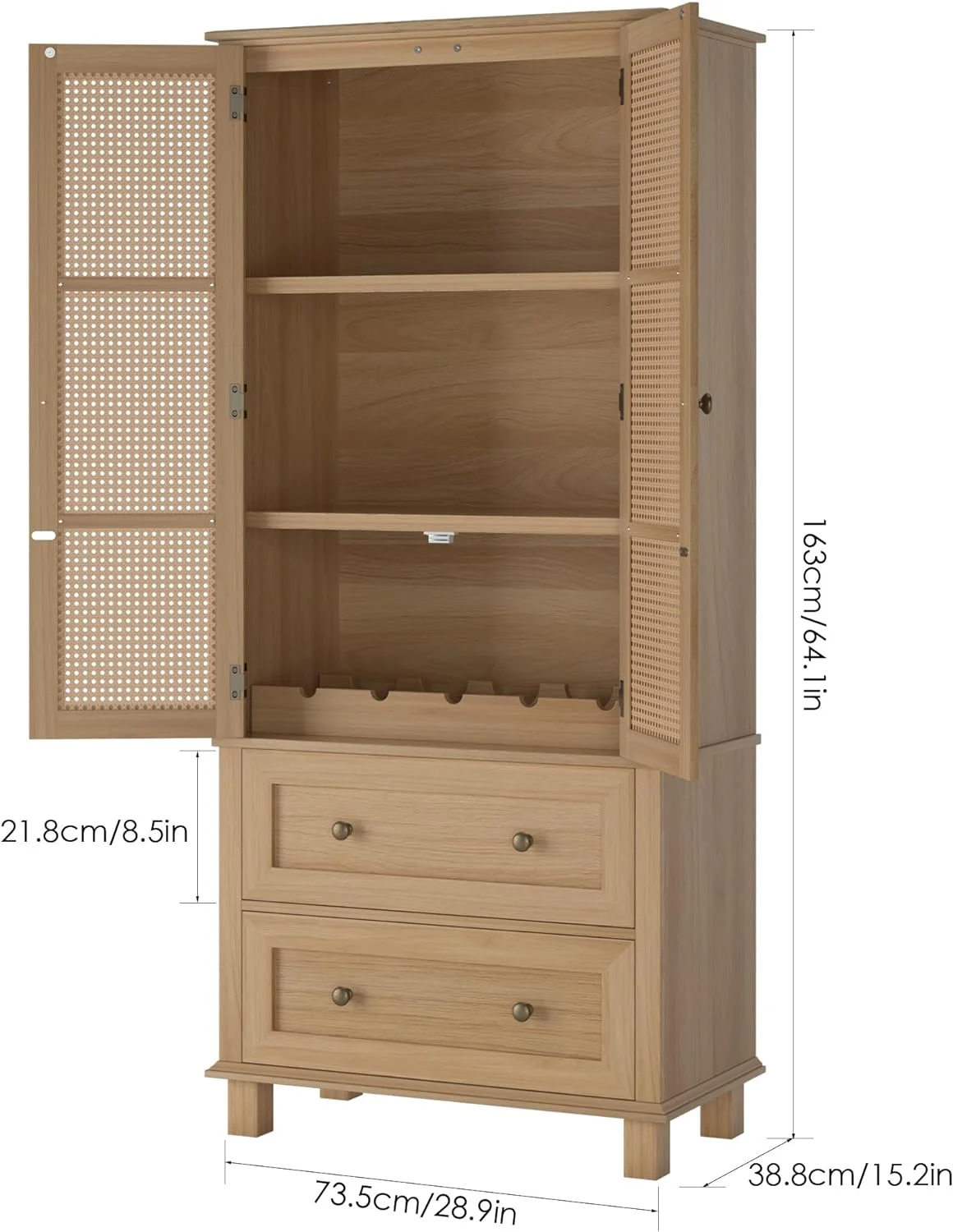ONKER Kitchen Pantry Storage Cabinet, Tall Cabinet with Rattan Doors and 2 Drawers, Freestanding Cupboard with Adjustable Shelves, Utility Pantry for Kitchen, Dining Room,White