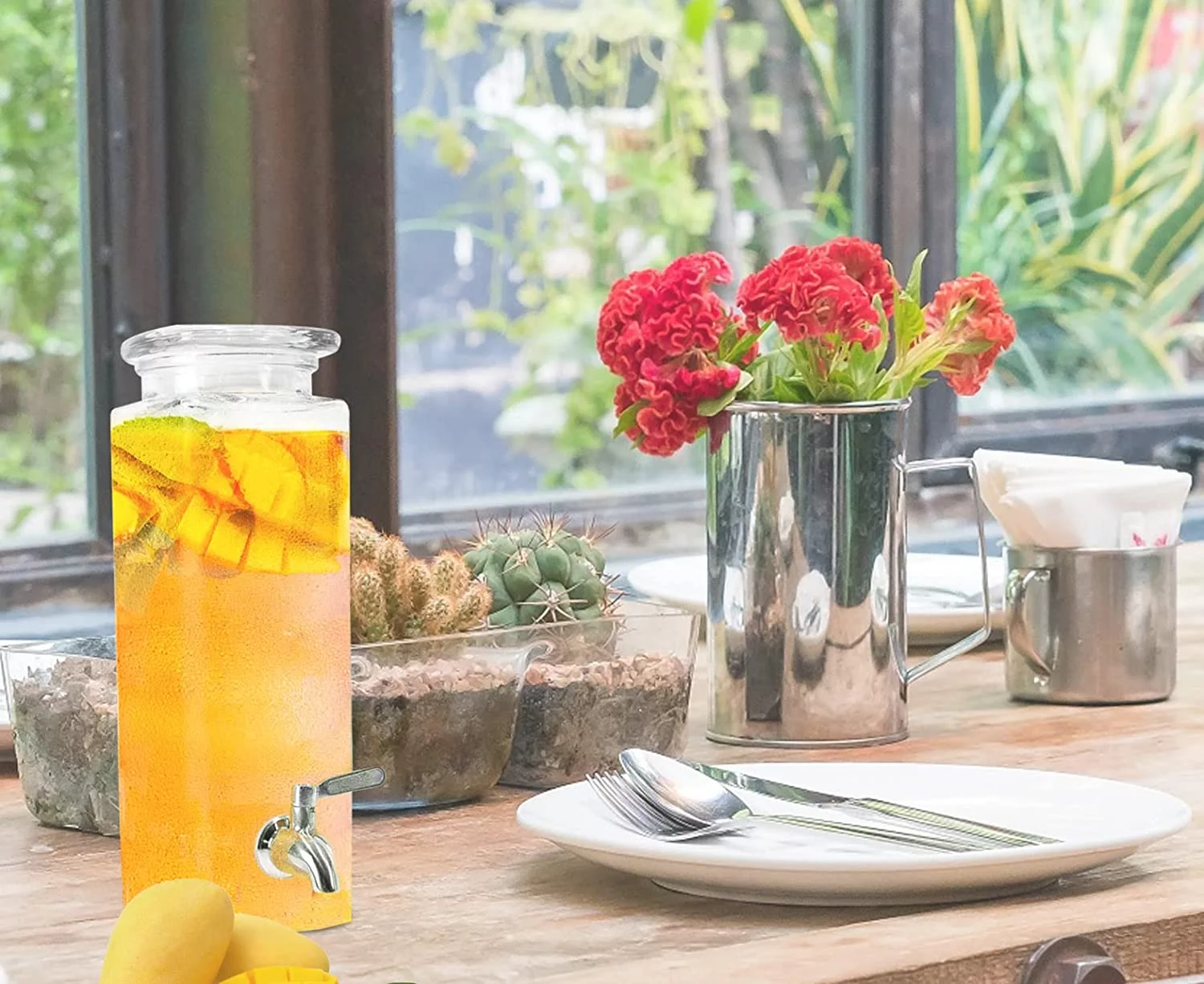 Tall Square Glass Mason Jar Drink Dispenser With Stainless Steel Spigot, 80 oz (2.36 Liters)