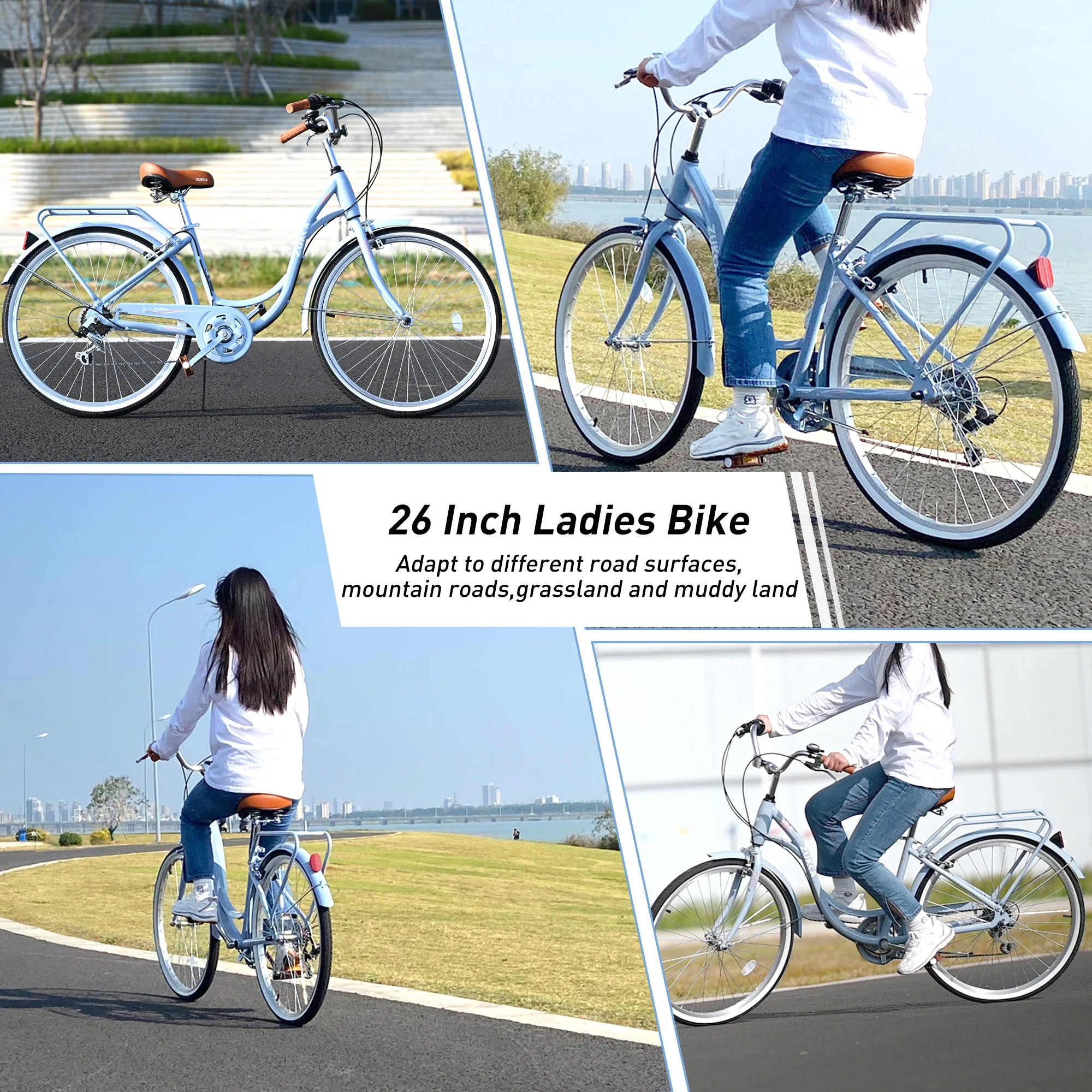 26 Inch Women's Beach Cruiser Bike with Rear Rack 7 Speeds Commuter Bike High-Carbon Steel Frame, Ladies Bicycle Blue