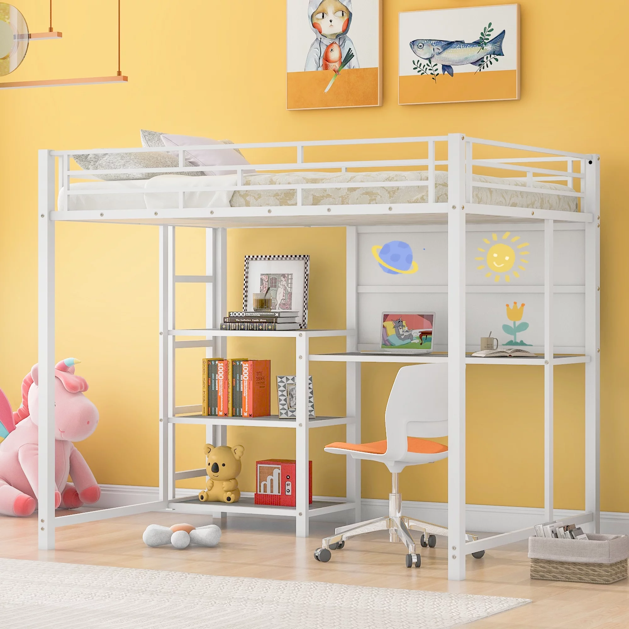 Sesslife Loft Bed for Kids, Full Size Loft Bed Frame with Desk and Whiteboard, Modern Metal Loft Bed with 3 Shelves and Ladder, White