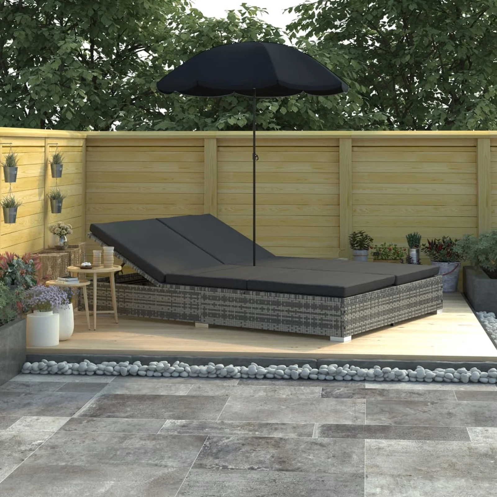 walmeck Patio Bed with Umbrella Poly Rattan Gray