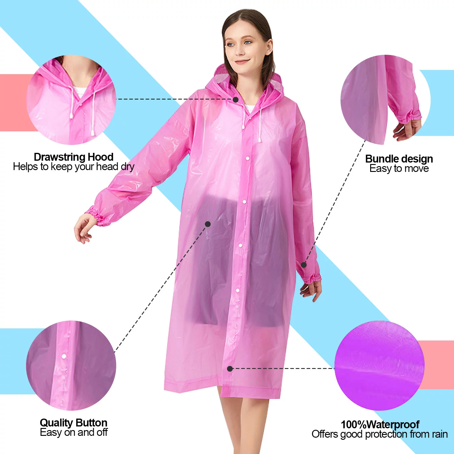 Raincoat Waterproof Rain Coat Poncho Long Rain Jackets Lightweight with Drawstring Hood for Men Women (Pink 1 pack + Purple 1 Pack)