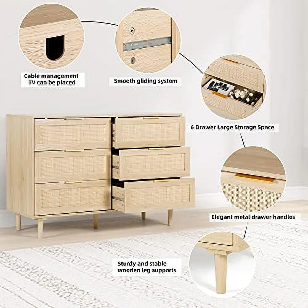 6 Drawer Dresser Rattan Dresser  Chest with Drawers Wood  Closet Dressers Chest of Drawers for Bedroom Living Room Hallway (Natural)