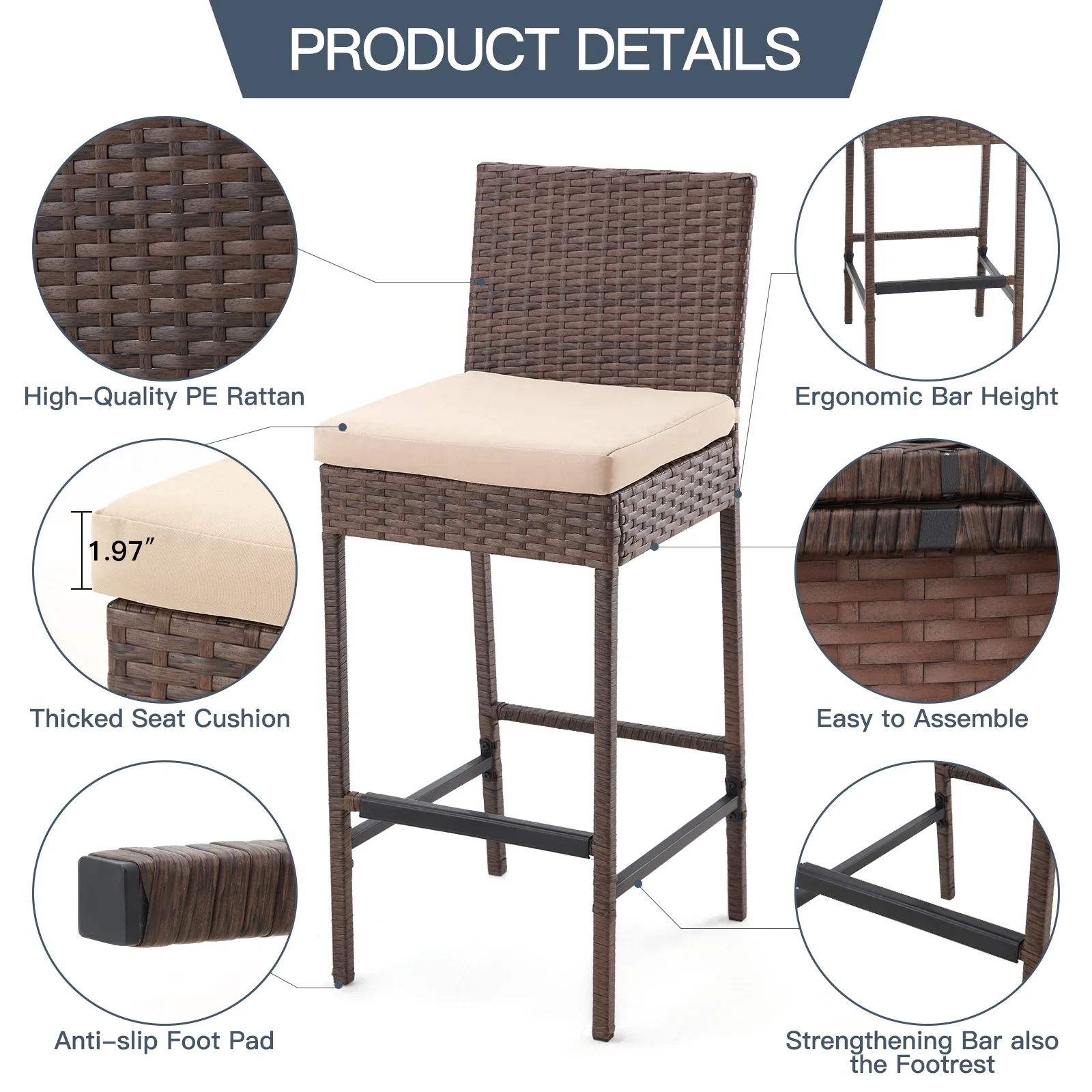 AVAWING Outdoor Wicker Rattan Bar Stools Set of 4 with Cushion for Backyard, Brown