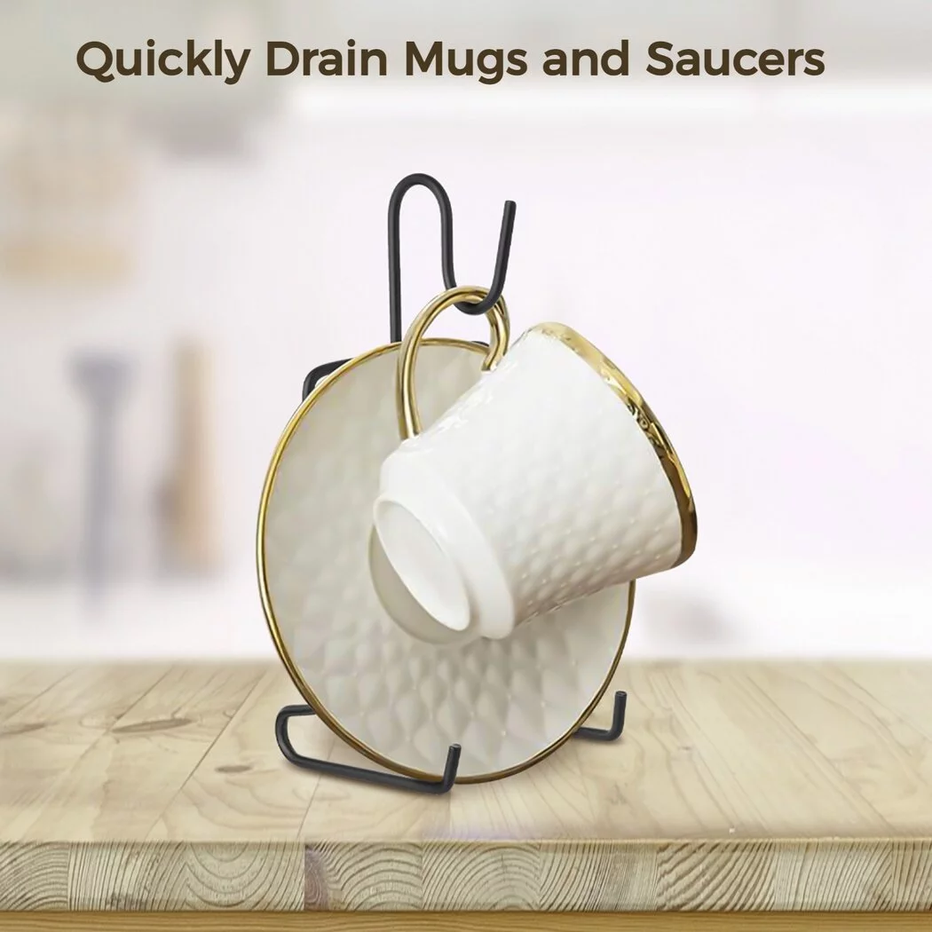 Cup and Saucer Display Stand, 8 Pcs Tea Cup and Saucer Holders, Teacup Coffee Mug Organizer Rack, Black Finish Metal Mug and Saucer Stand for Tea Coffee Cups Plates