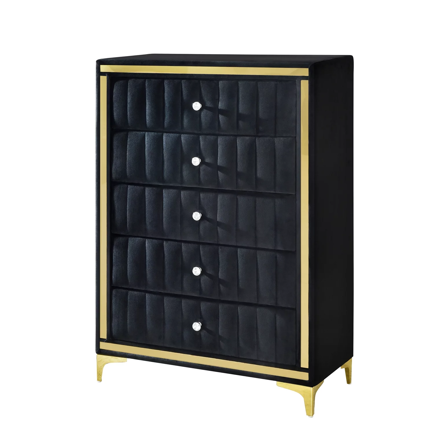 Better Home Products Monique Velvet Upholstered 5-Drawer Chest Dresser with Gold Legs and Gold Trim in Black - Fully Assembled
