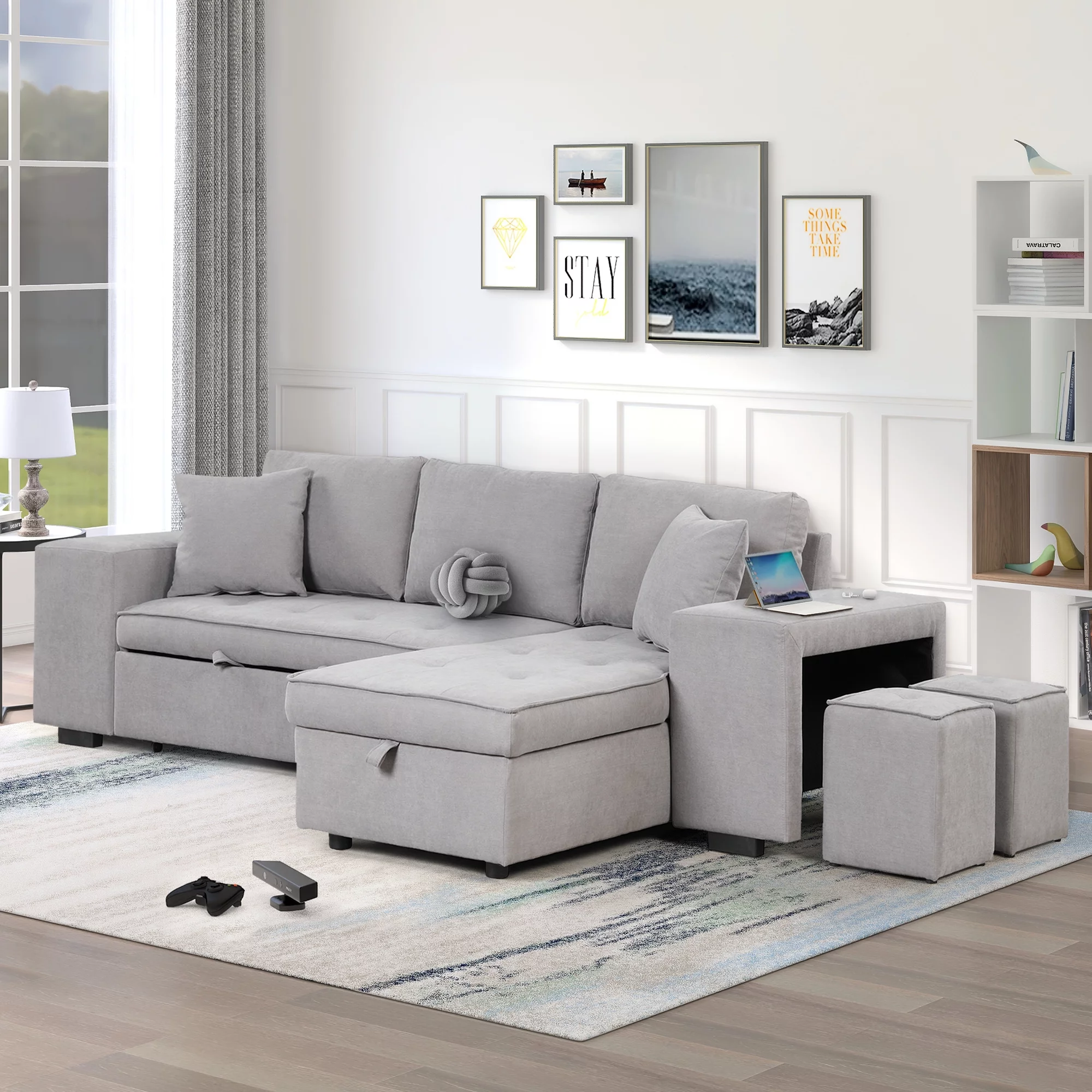 Euroco L-Shape Sectional Sofa 3 Seat Reversible, Pull Out Sleeper Sofa with Chaise, Storage Couch with 2 Stools for Living Room Furniture Set, Light Gray, 104