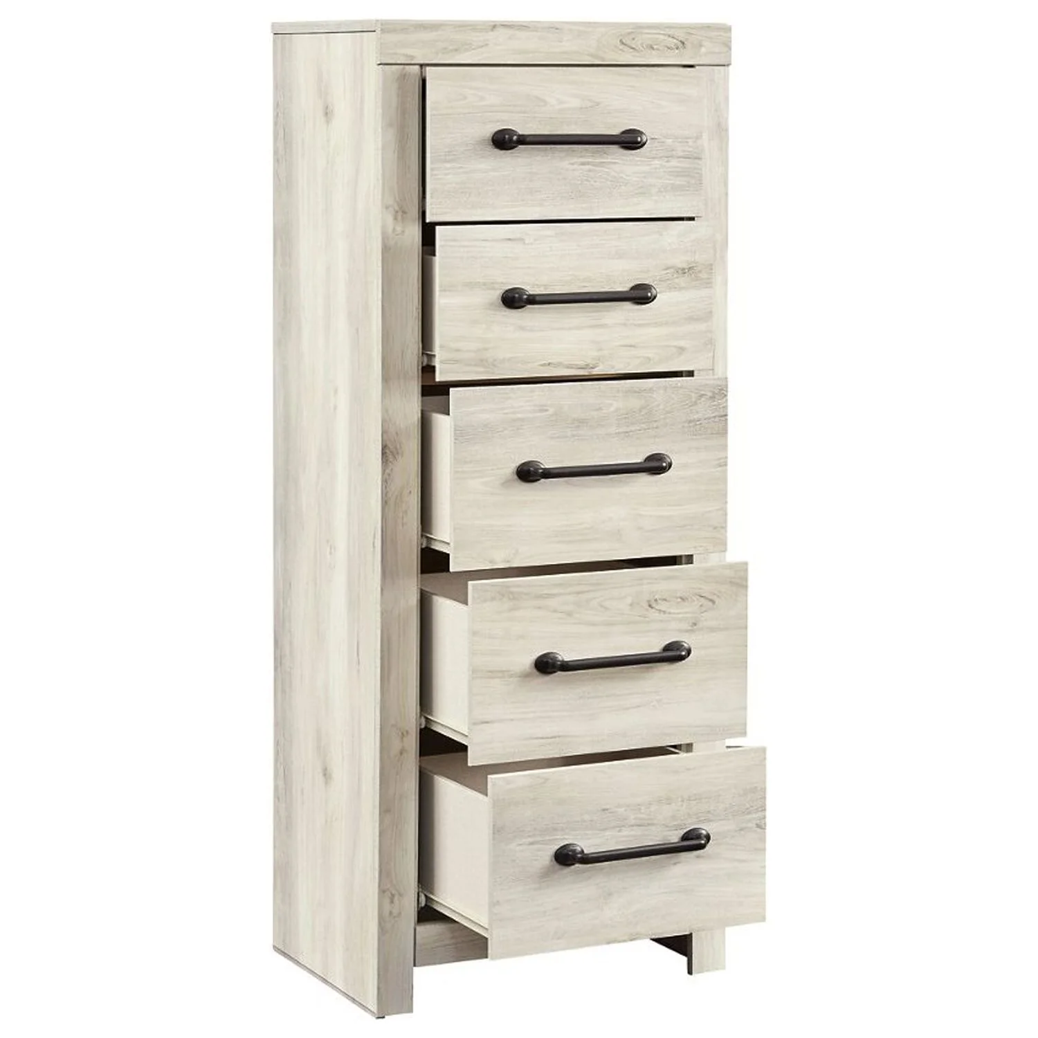 Grained 5 Drawer Wooden Chest with Bar Pull Handles, Distressed White