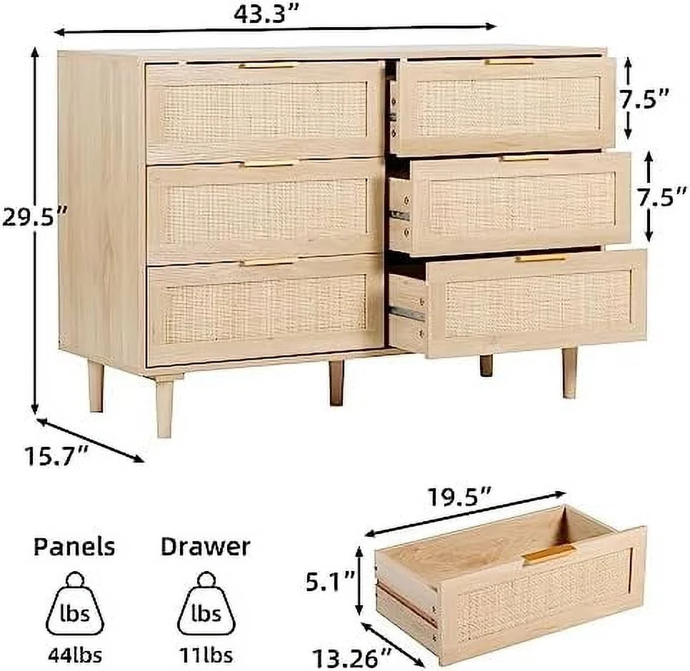 6 Drawer Dresser Rattan Dresser  Chest with Drawers Wood  Closet Dressers Chest of Drawers for Bedroom Living Room Hallway (Natural)