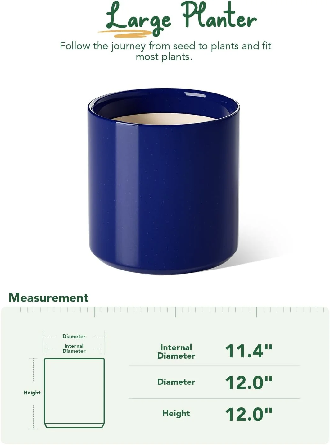 BEMAY 12 Inch Ceramic Large Plant Pot, Mid-Century Modern, with Drainage Hole and Removable Plug, Sapphire Blue