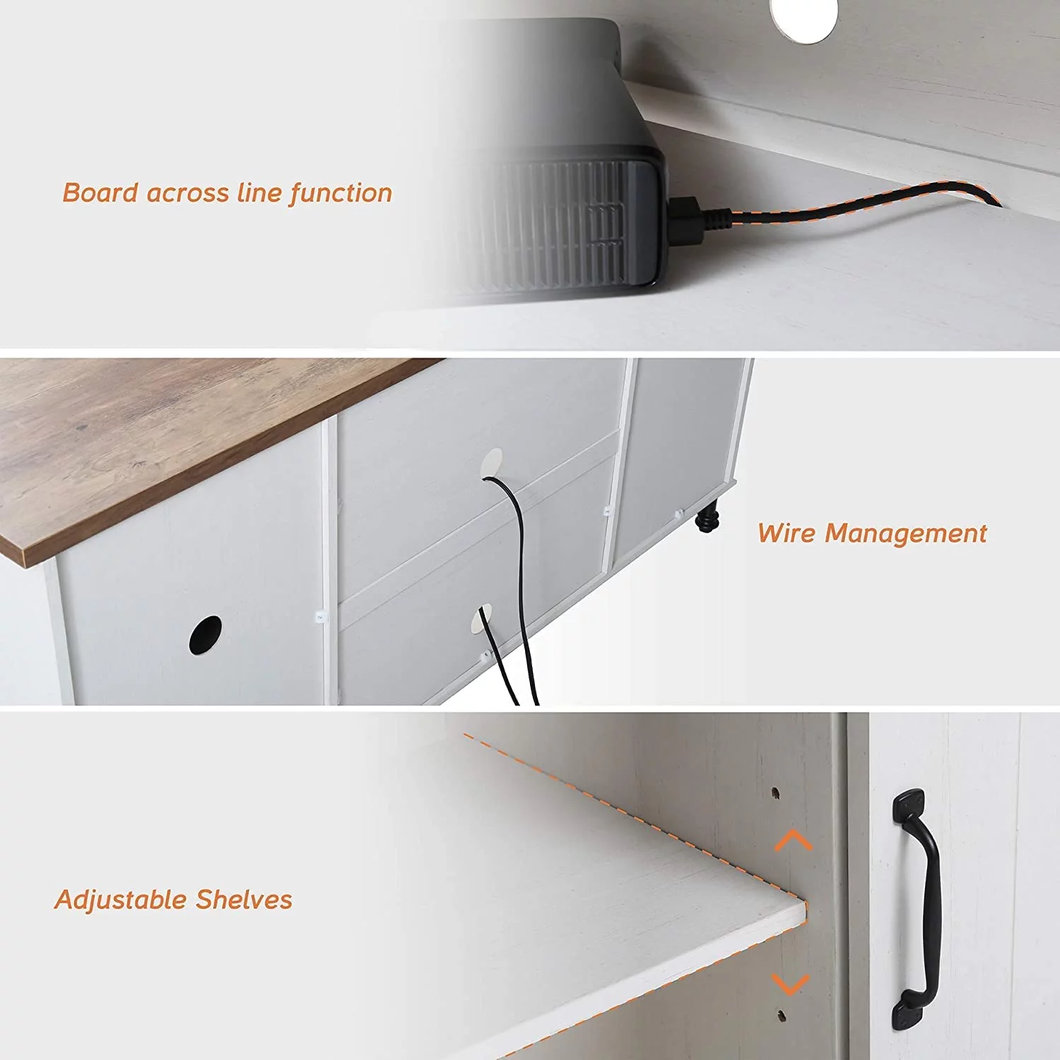 WAMPAT 3 Pieces Living Room Table Sets,1 Farmhouse TV Stand, 1 Coffee Table with Drawer,1 End Table with Charging Station, White/Oak