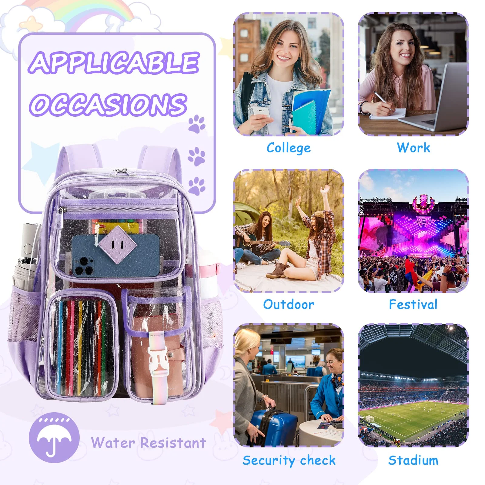 Sanmadrola Large Clear Backpack Heavy Duty Stadium Approved Girls Backpack Waterproof Pvc Transparent Backpacks for Girls Clear Bag with Reinforced Strap for School Work Travel Festival, Purple