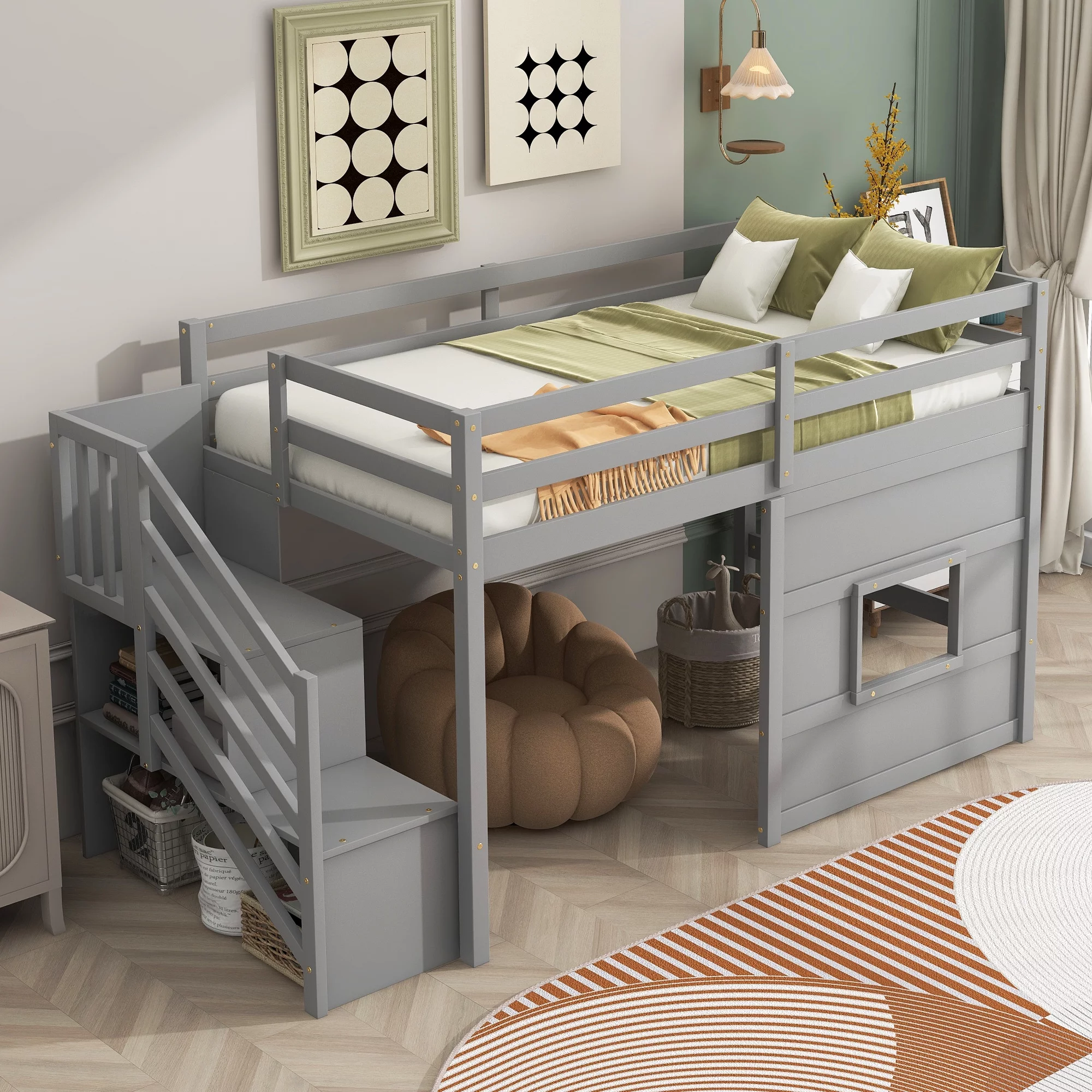 Bellemave Twin over Twin Size Loft bed with Underneath House & Strong Storage Staircases ,Solid Wood Twin Loft Bed with Full-Lengths Guardrails for Kids,Gray