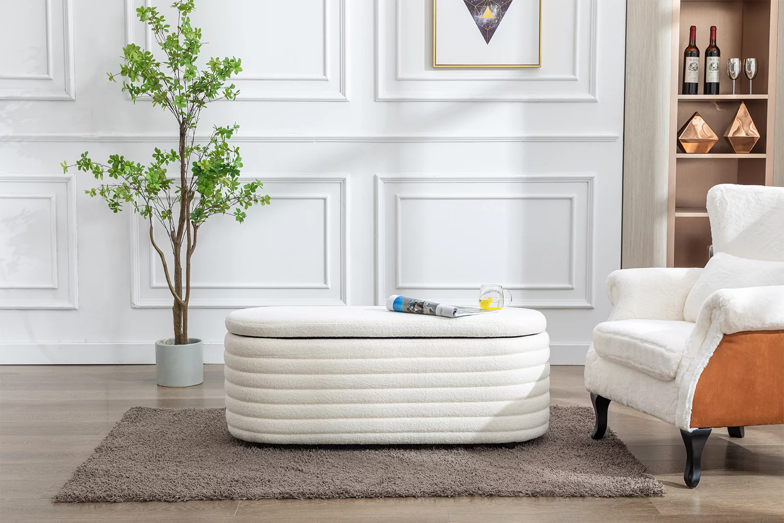 Guyou Storage Ottoman Bench, Upholstered Faux Fur Modern End of Bed Stool Entryway Bench with Safety Hinges for Bedroom Living Room Hallway, White