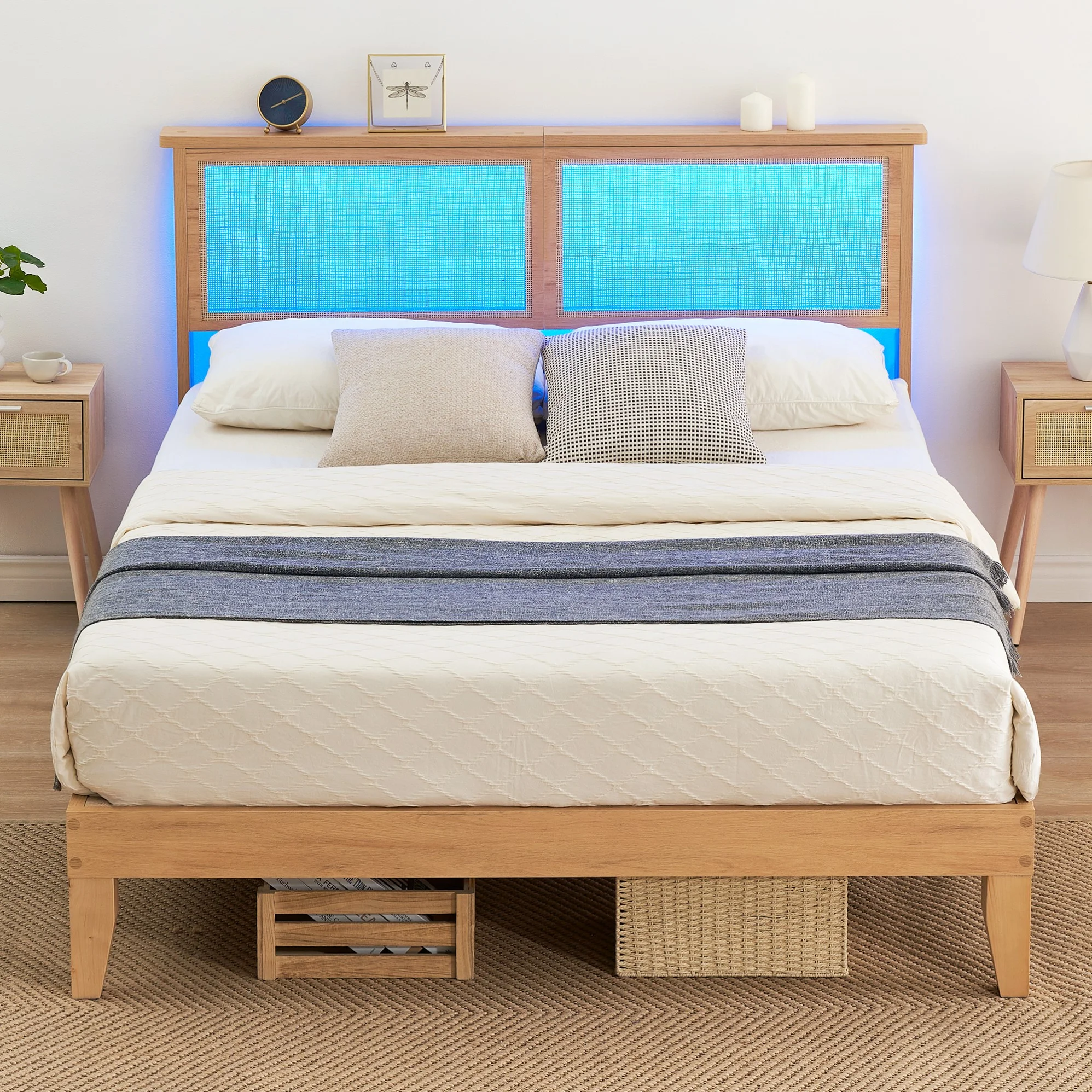 IDEALHOUSE 12.4 Inch Solid Wood Full Bed Frame with Natural Rattan Headboard, Platform Full Size Bed Frame with LED Lights, Mattress Foundation, Noise-Free, No Box Spring Needed, Easy Assembly