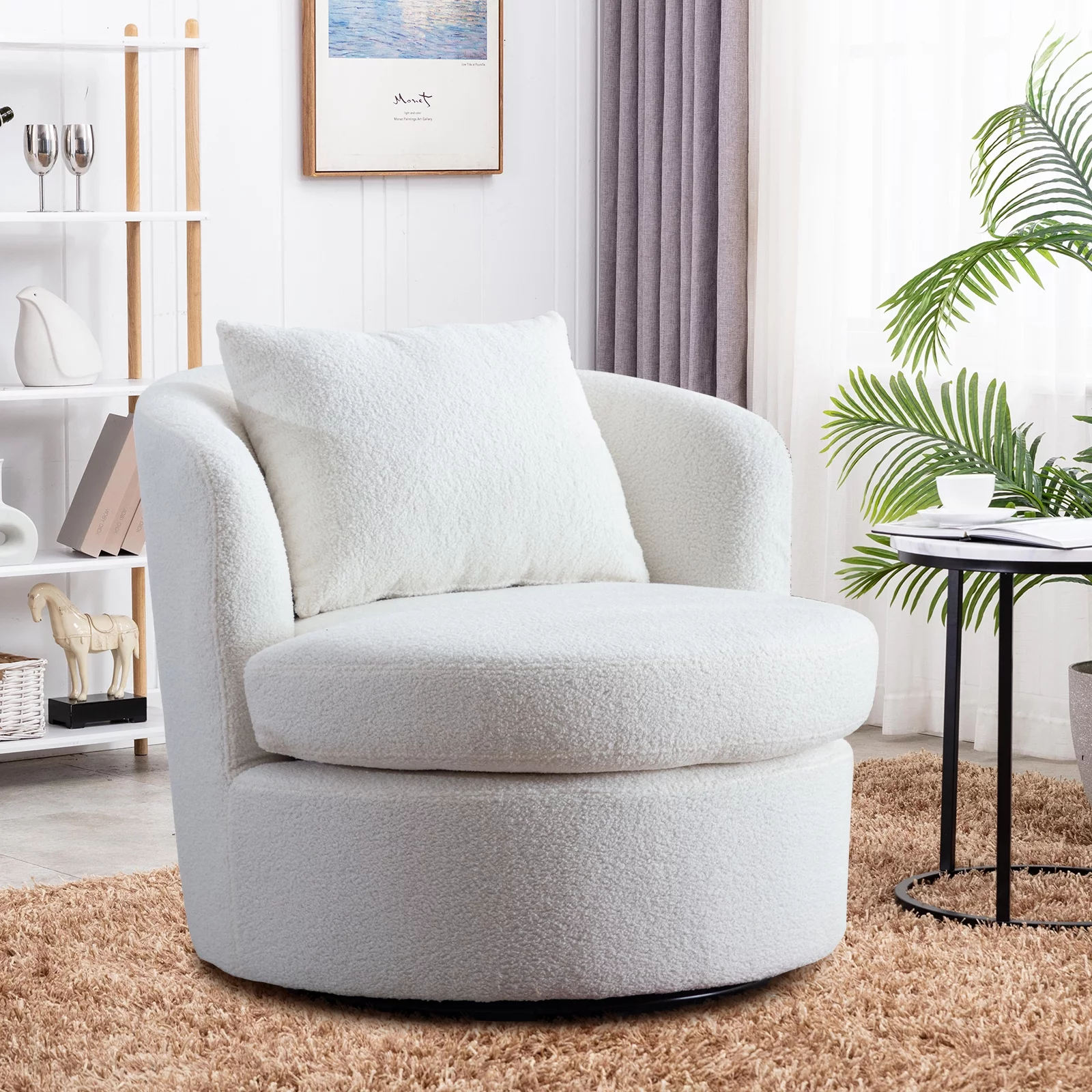 Ebello Swivel Accent Chair with Lamb Wool Fabric for Adult, Plump Pillow, Detachable Cushion, White