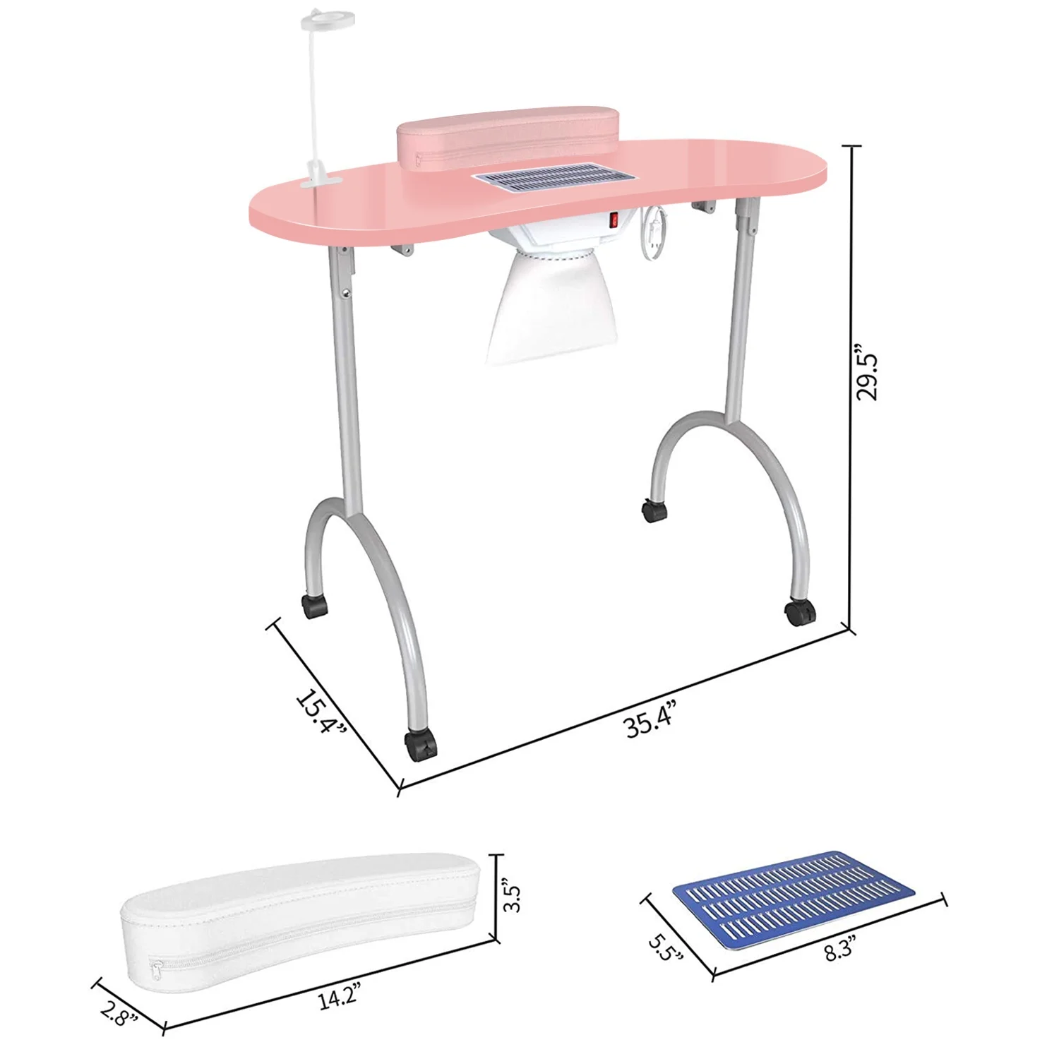 TABU Portable Folding Manicure Nail Table Station with Dust Collector Fan and Magnifying Glass Lamp,Pink