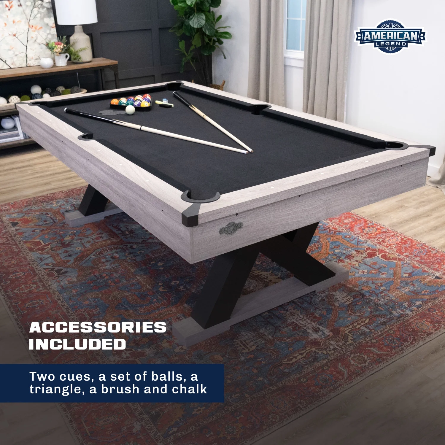 American Legend Kirkwood 90” Billiard Table with Rustic Finish, K-Shaped Legs and Black Cloth