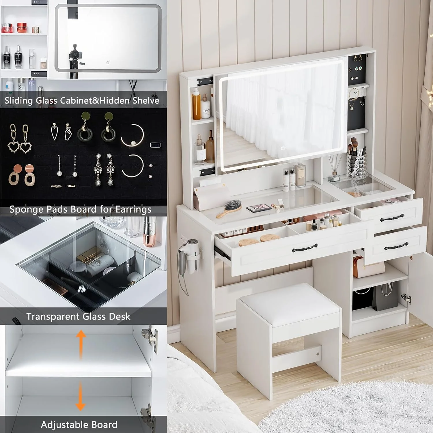 AMERLIFE Makeup Vanity Table Set with Sliding & LED Lighted Mirror, 45