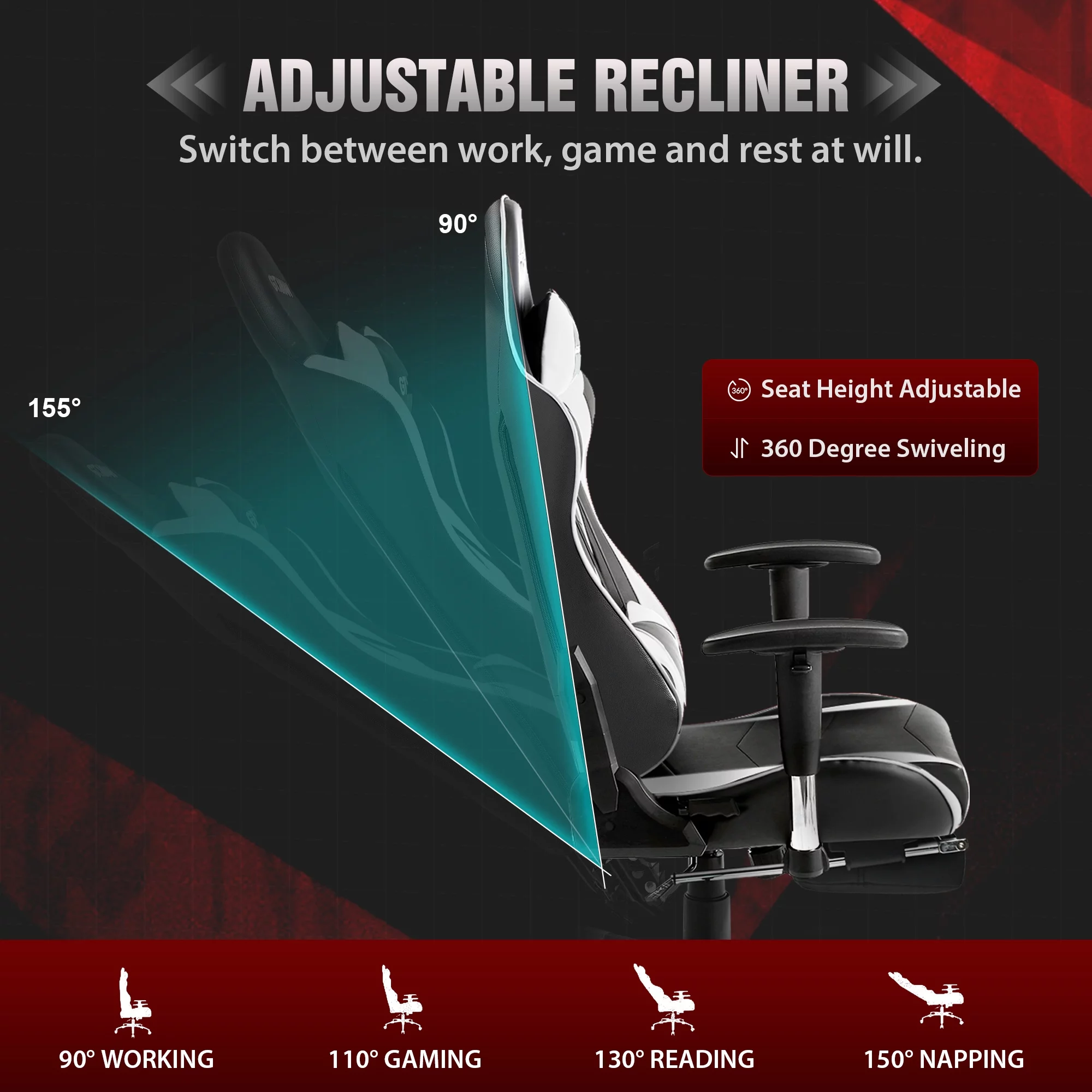 GTRACING Gaming Chair with Footrest PU Leather Office Chair with Adjustable Headrest, White