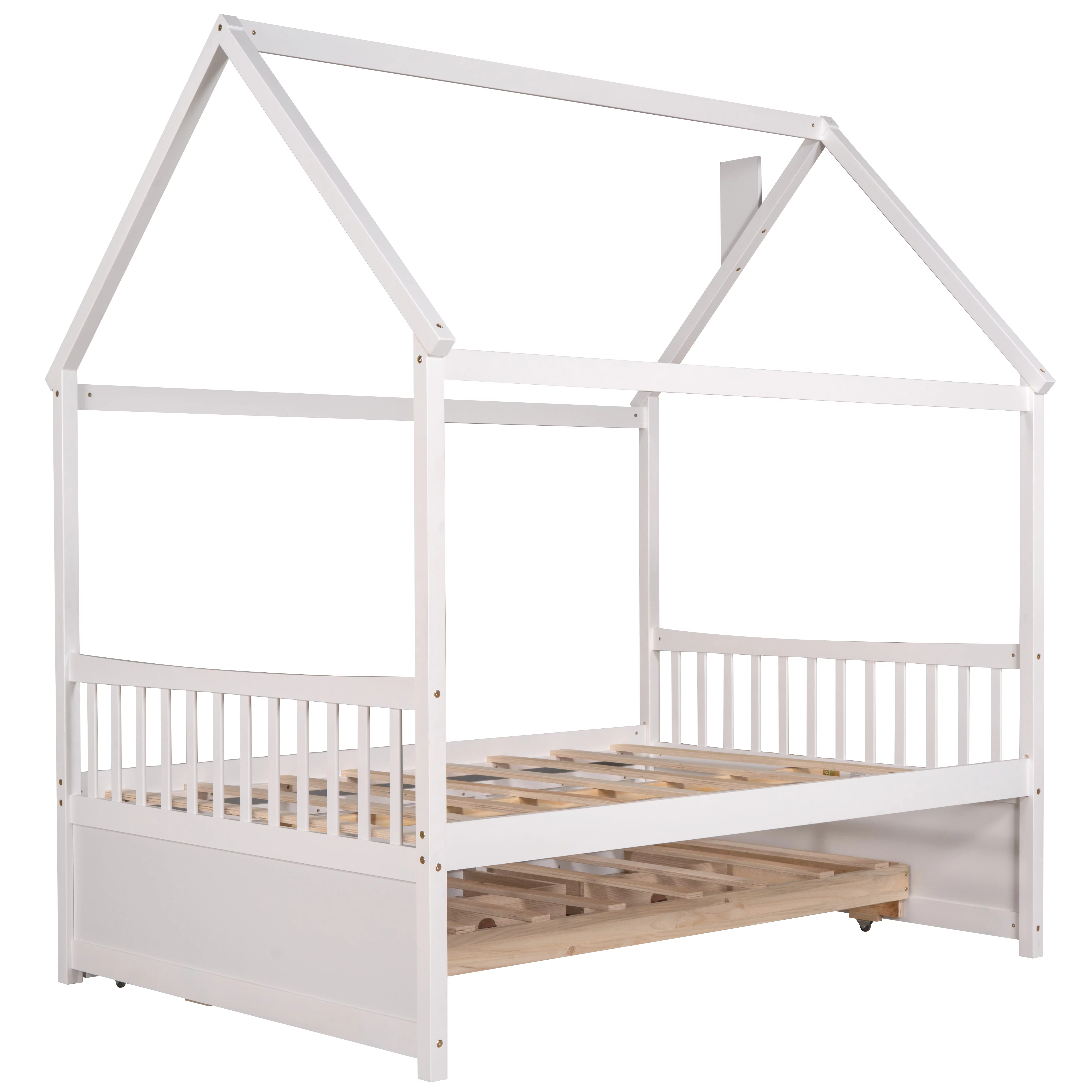 Bellemave Kids House Bed with Trundle and Drawers Full Size Platform Bed with Storage Playhouse Design Wooden Bed Frame With Roof and Headboard for Boys Girls Teens, White
