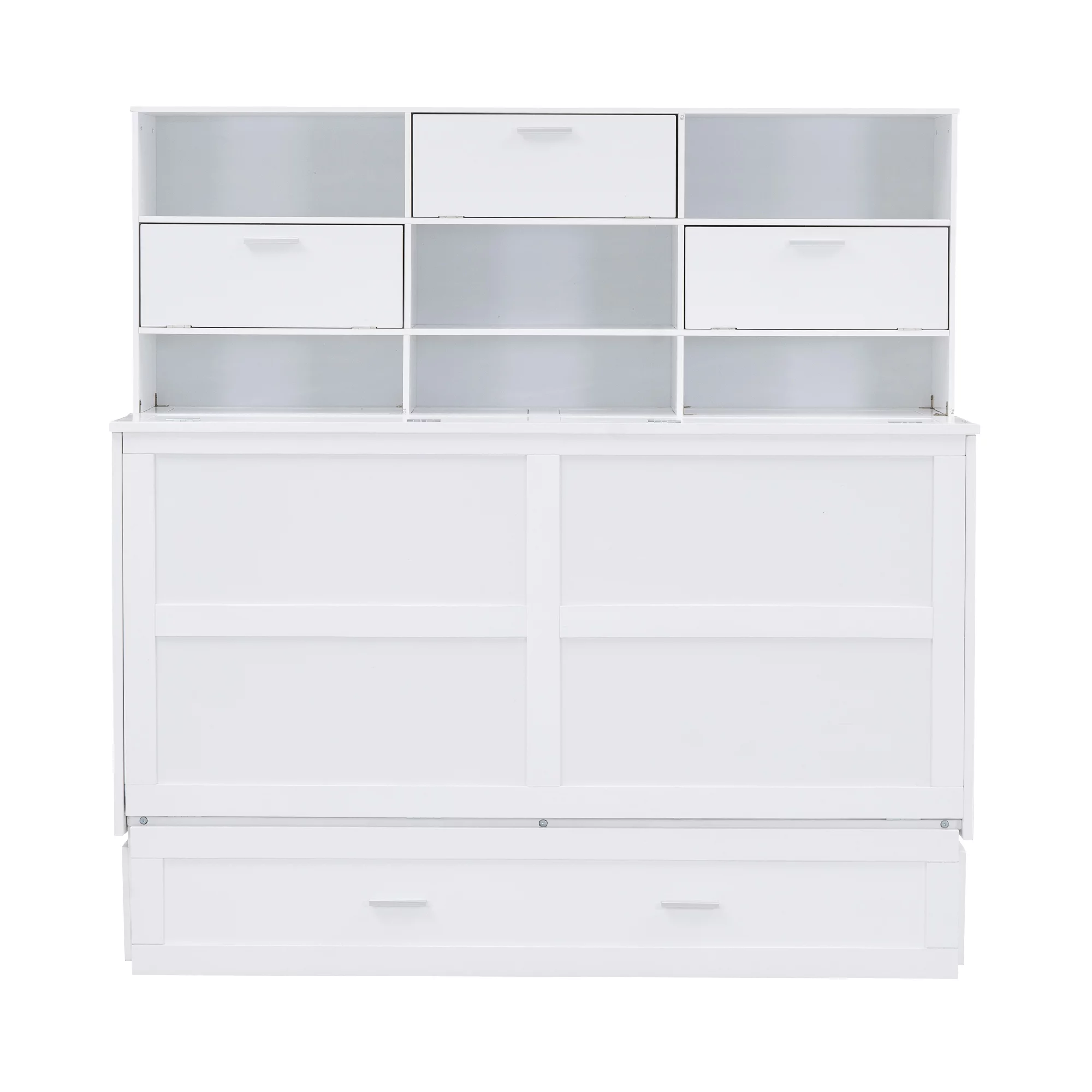 Euroco Queen Size Murphy Bed with Bookcase, Shelf and Drawer, Convertible into a Cabinet with Bookcase for Living Room, Space-Saving & Easy Open and Close, White