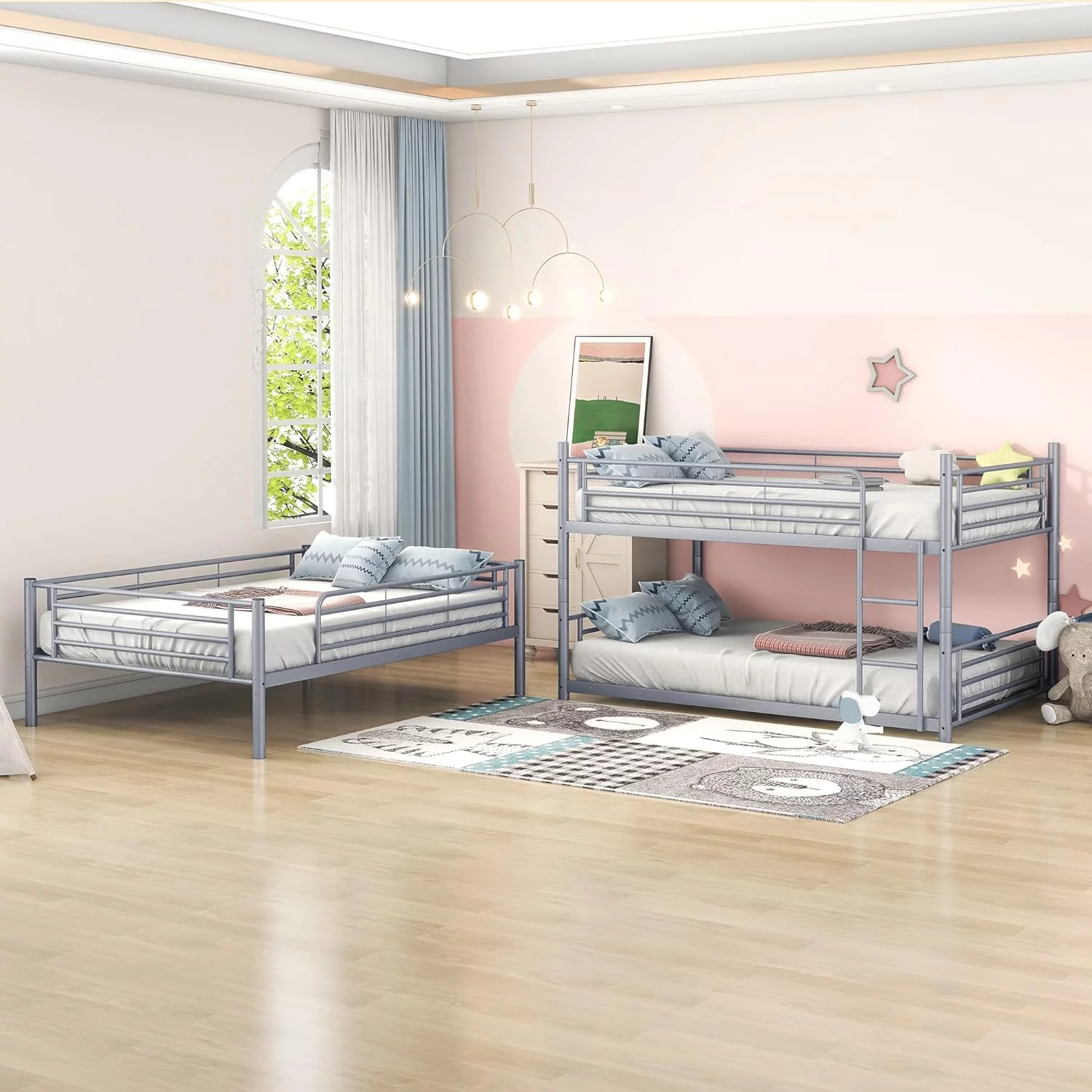 Tabaray Triple Beds Full-Full-Full Floor Bunk Bed with 2 Convertible Ladders and Iron Slats, Steel Bedframe with Guardrails for Teens Adults Boys Girls (Grey)