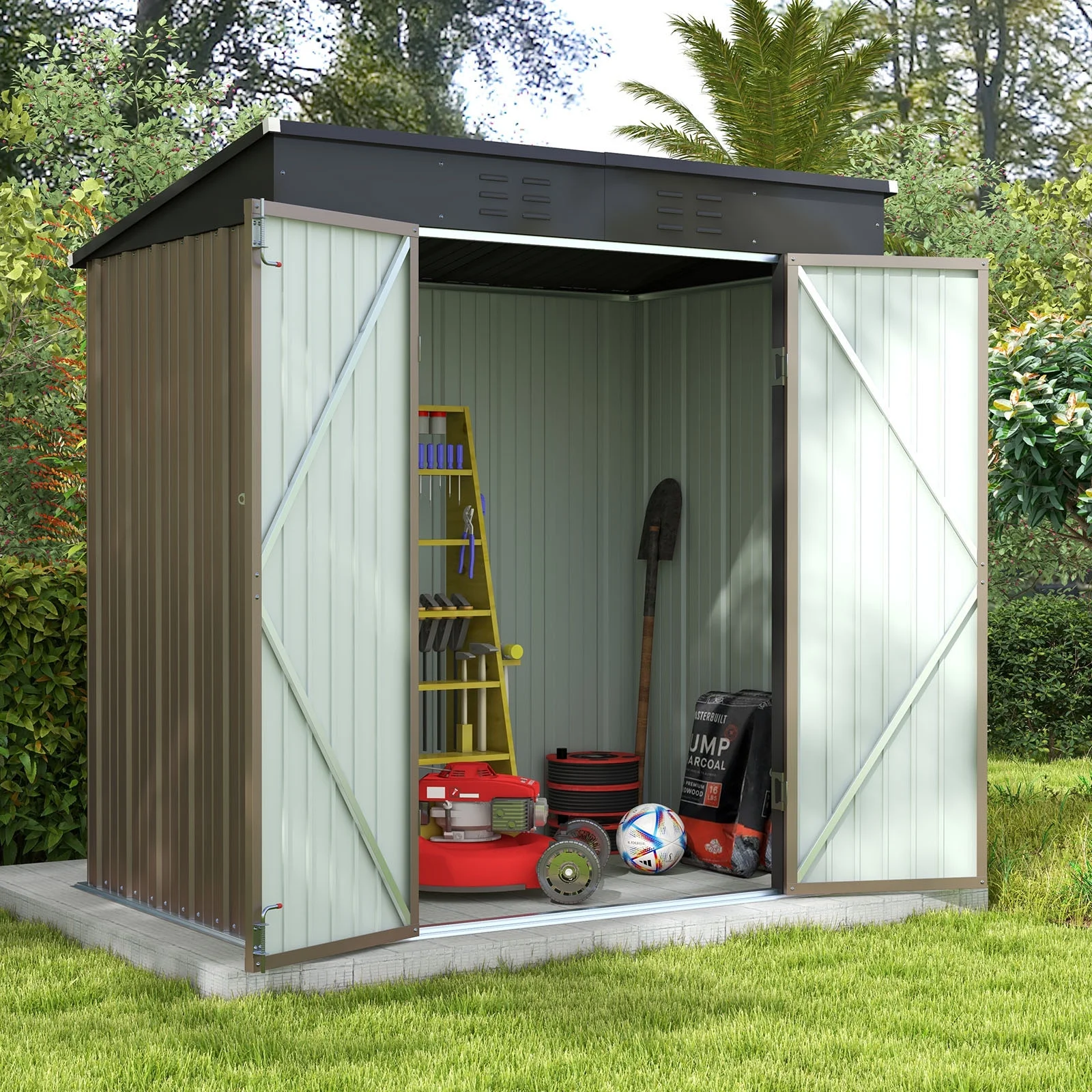 Patiowell 6x4 FT Outdoor Storage Shed, Metal Sheds with Double Lockable Doors for Lawn, Brown